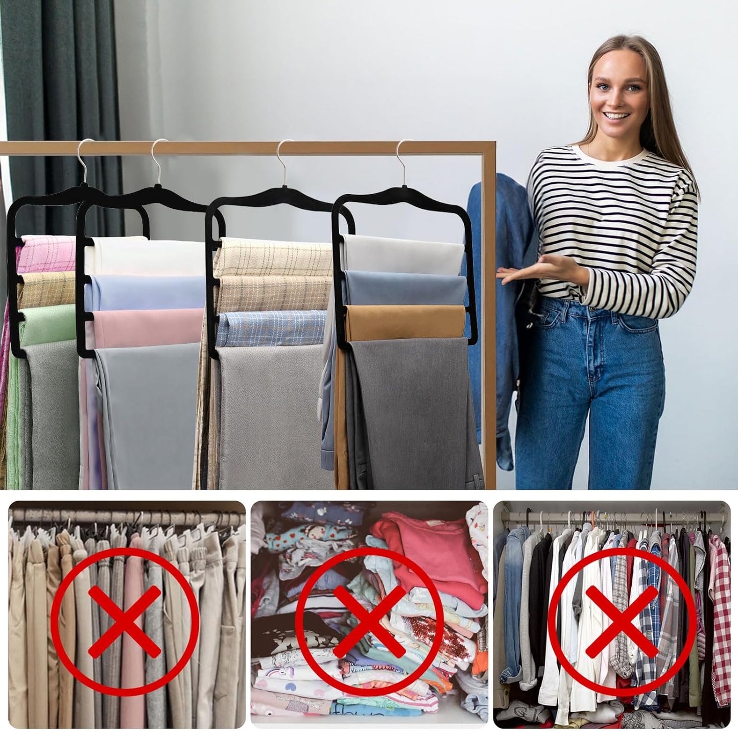 Closet Organizers and Storage,2 Pack Pants Hangers Space Saving,Velvet Hangers, Dorm Room Essentials for College Students Girls Boys Guys,Non Slip Organization and Storage Scarf Jeans Hangers