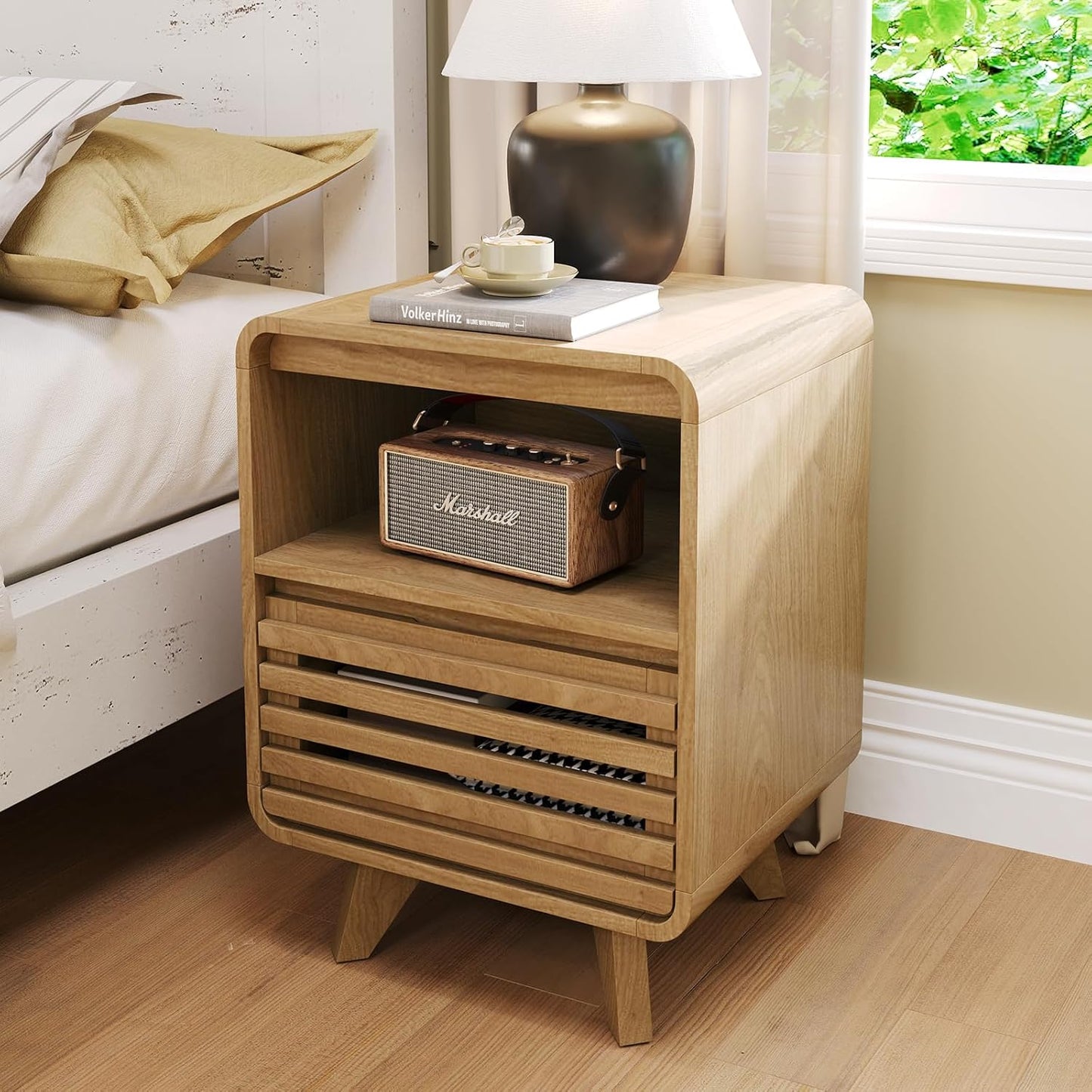 Fluted Night Stand Nightstand with Drawer Storage Grille Bed Side Table End Table Large Modern Wide Bedside Stand Tall Night Stands for Bedroom Living Room Sofa Couch Home Office, Natural Oak