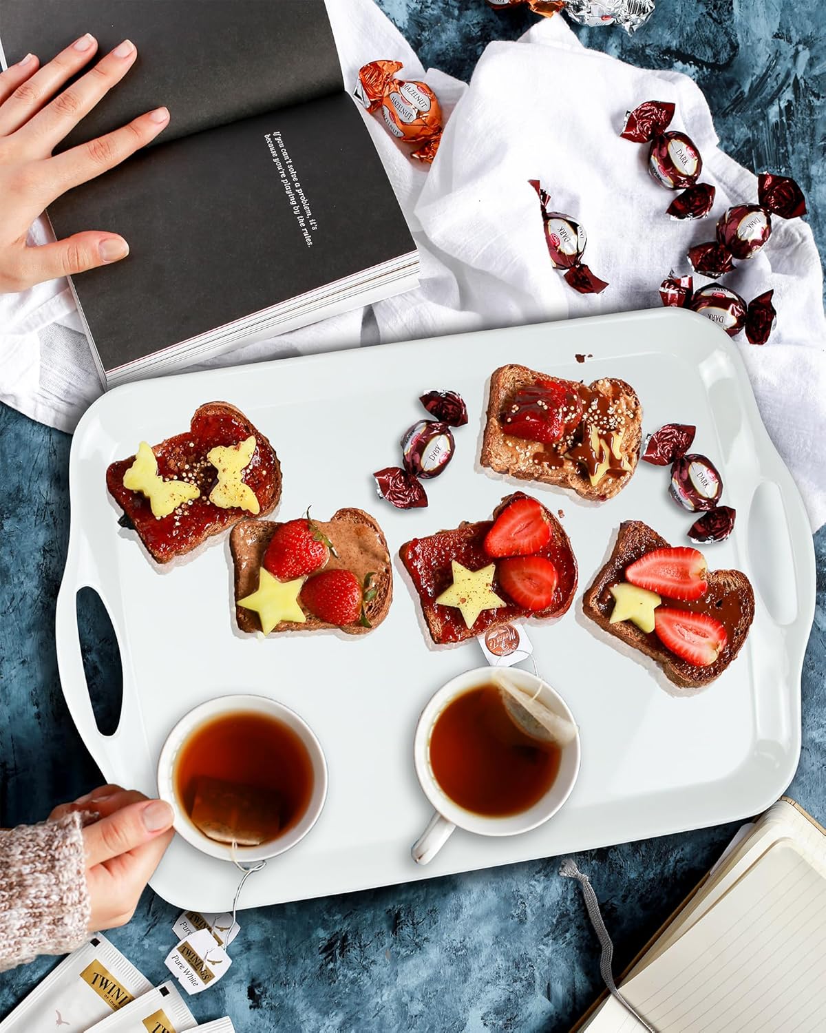Large Melamine Serving Tray with Handles, 17.5 x 12 in Rectangular Melamine Serving Platter, Dishwasher Safe Trays for Eating, Appetizer, Charcuterie, Snack, Fruit, Desserts, Set of 2, White