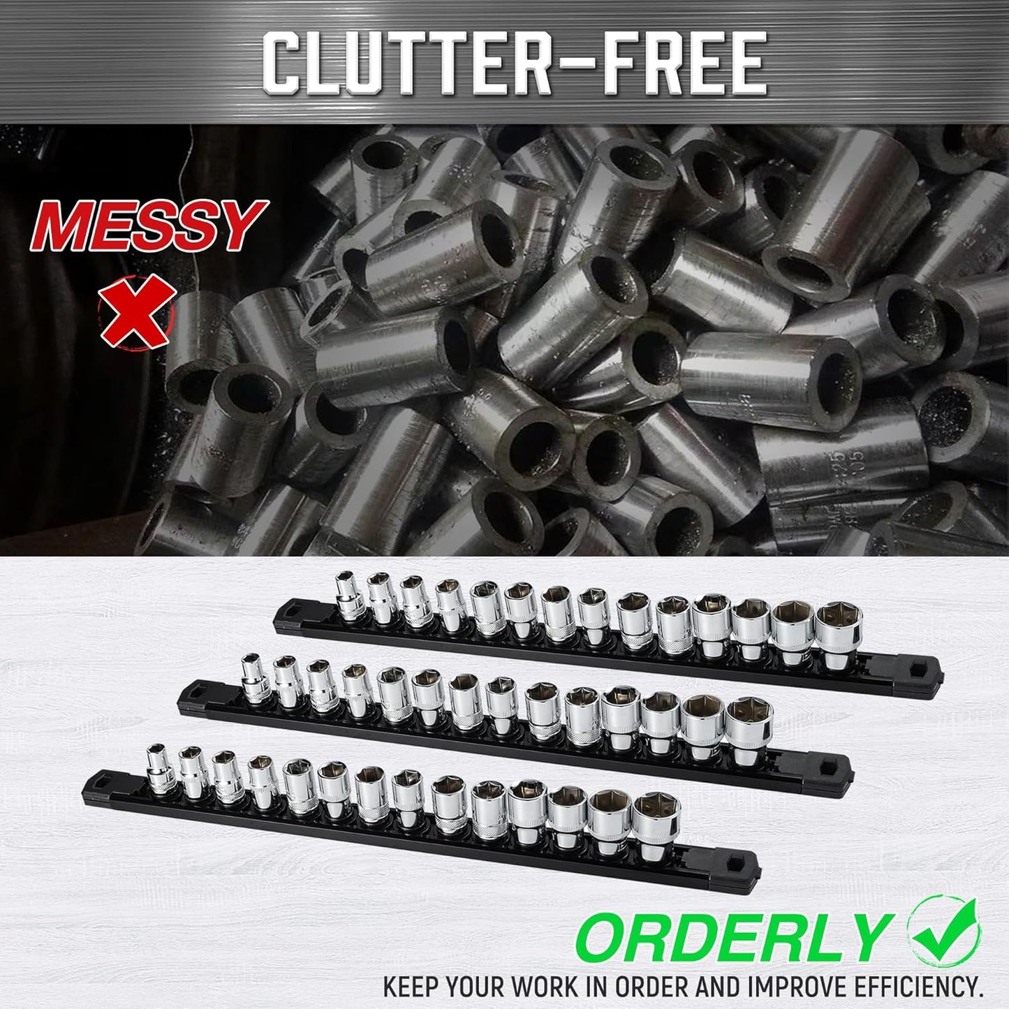 ALOANES 3-Piece Magnetic Socket Organizer, Heavy Duty Aluminum Socket Rails Organizer, 360° Swivel Clips Socket Holder Kit for Tool Box, 3/8-Inch Socket Holder x 42 Clips (Black)