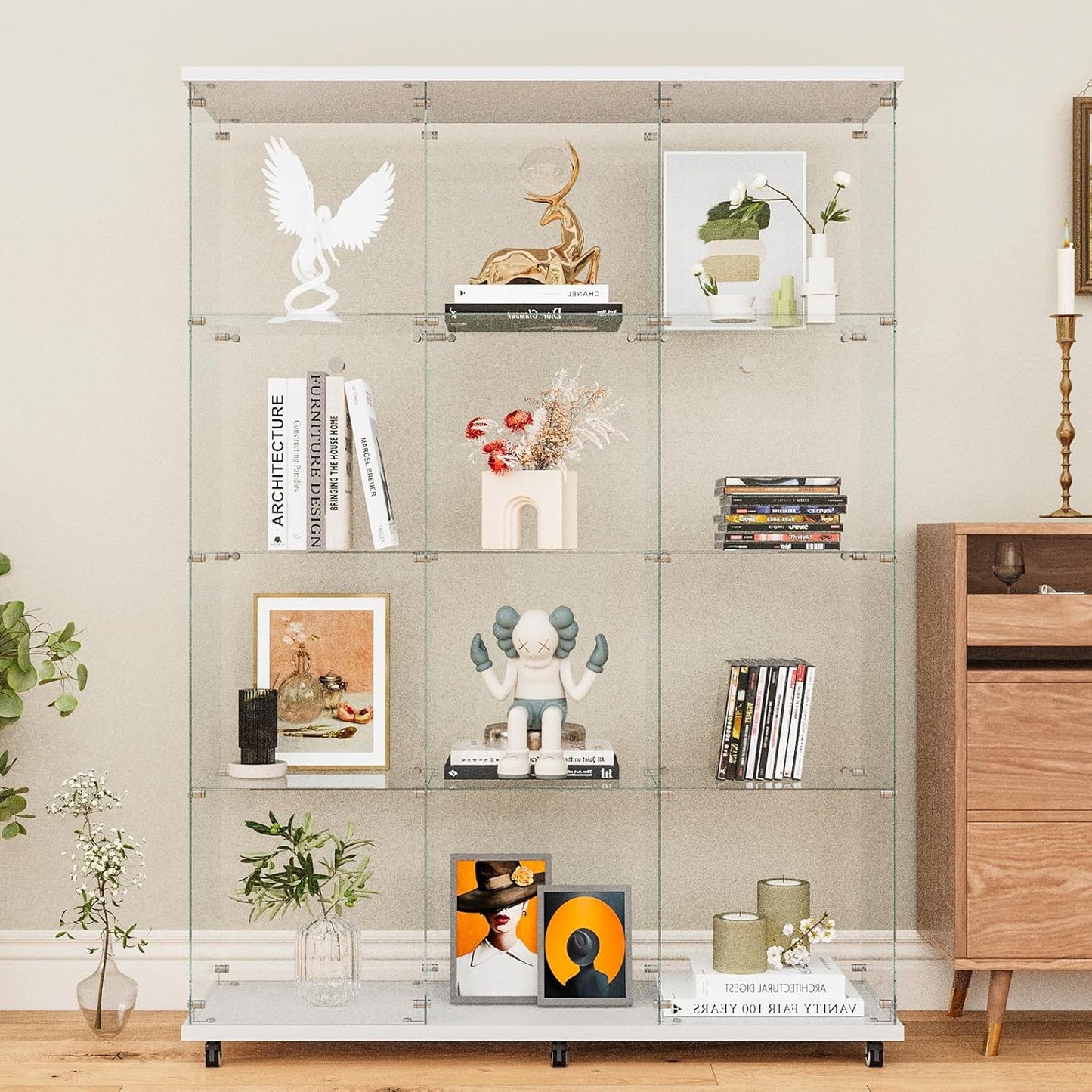 Beauty4U Glass Display Cabinet with 12 Shelves, Extra Large 3 Columns 2 Doors Curio Cabinets for Living Room, Bedroom, Office, White Floor Standing DIY Glass Bookshelf, Quick Installation