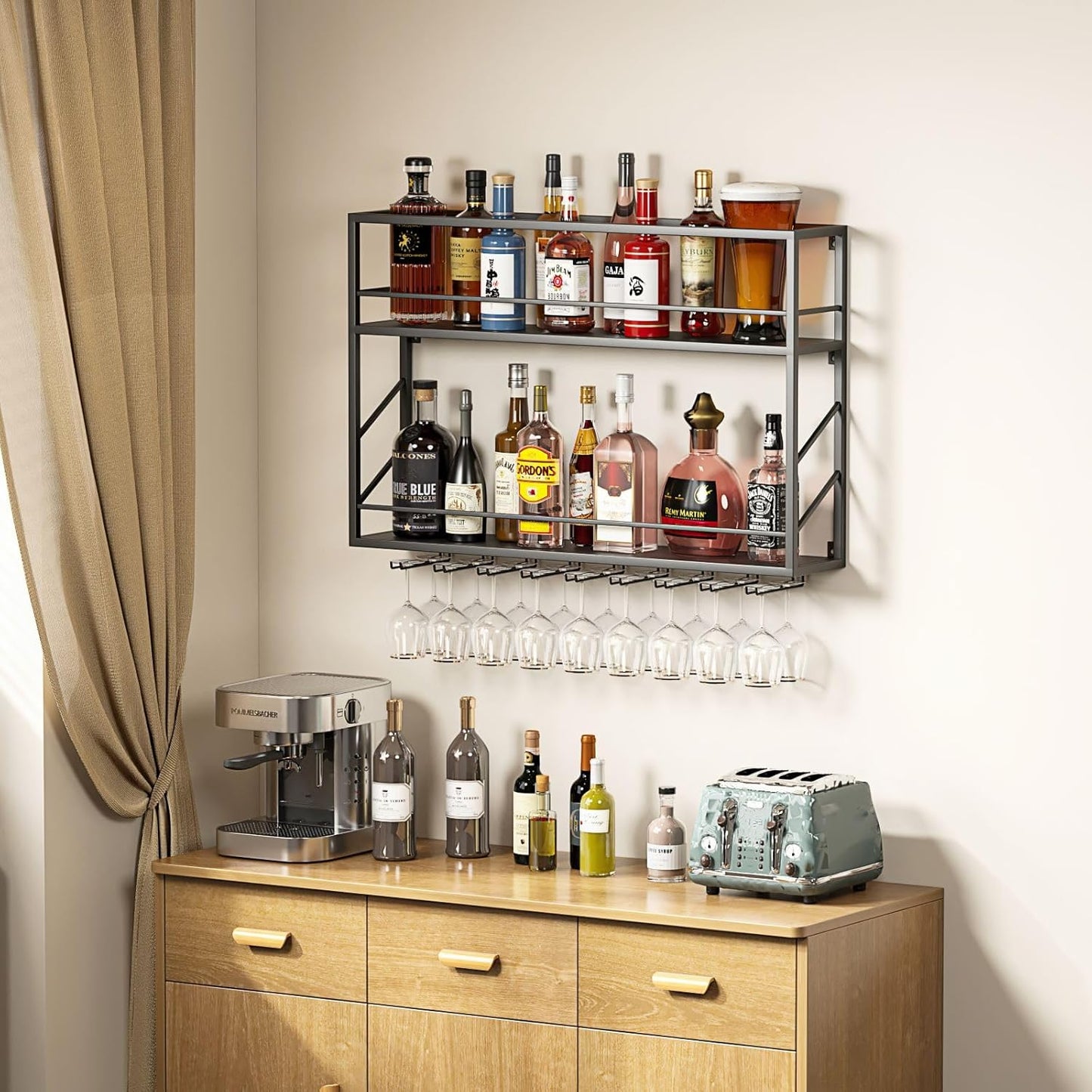 Wall Mounted Wine Rack with Glass Holder, 2-Tier Multi-Functional Shelf for Home, Restaurant, and Bar Storage (39.3”W x 7.8”D x 26”H)