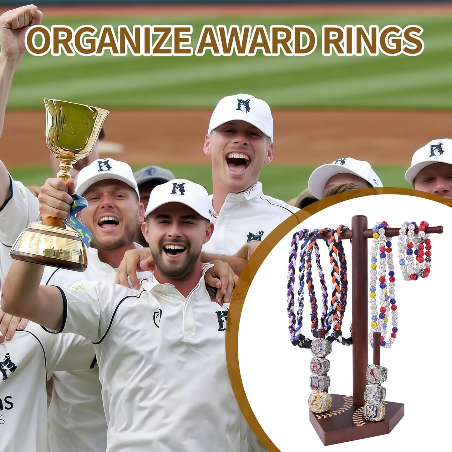 Baseball and Softball Jewelry Organizer - Wooden Display Holder for Championship Rings & Drip Necklaces, All-in-One Sports Ring Holder, Perfect Display Gift for Athletes and Fans