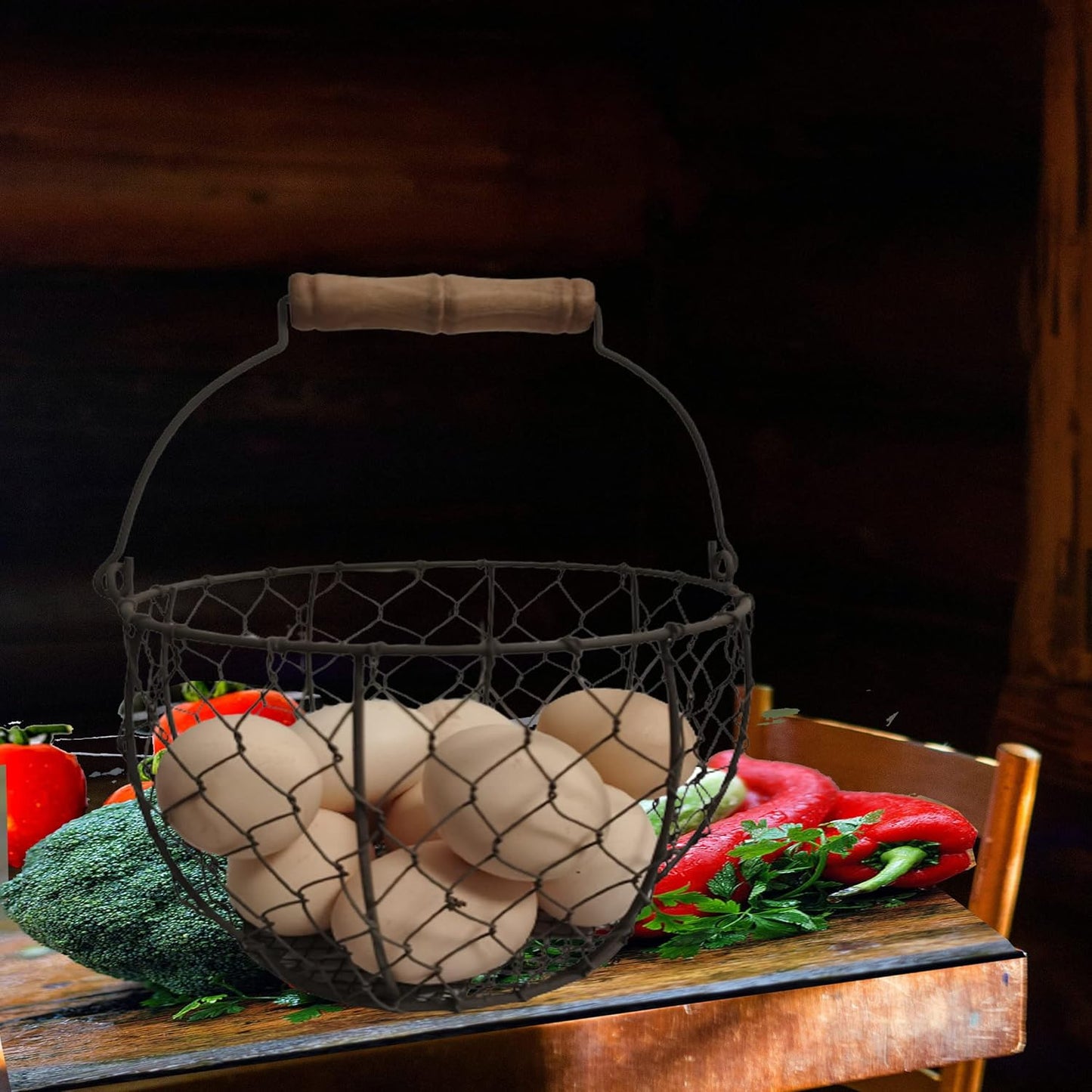 TAIANLE. Farmhouse Wire Egg Basket for Gathering Fresh Eggs with Handle, Round Metal Egg Collecting Basket Vintage Style Countertop Storage Container Holder Fruit Bin