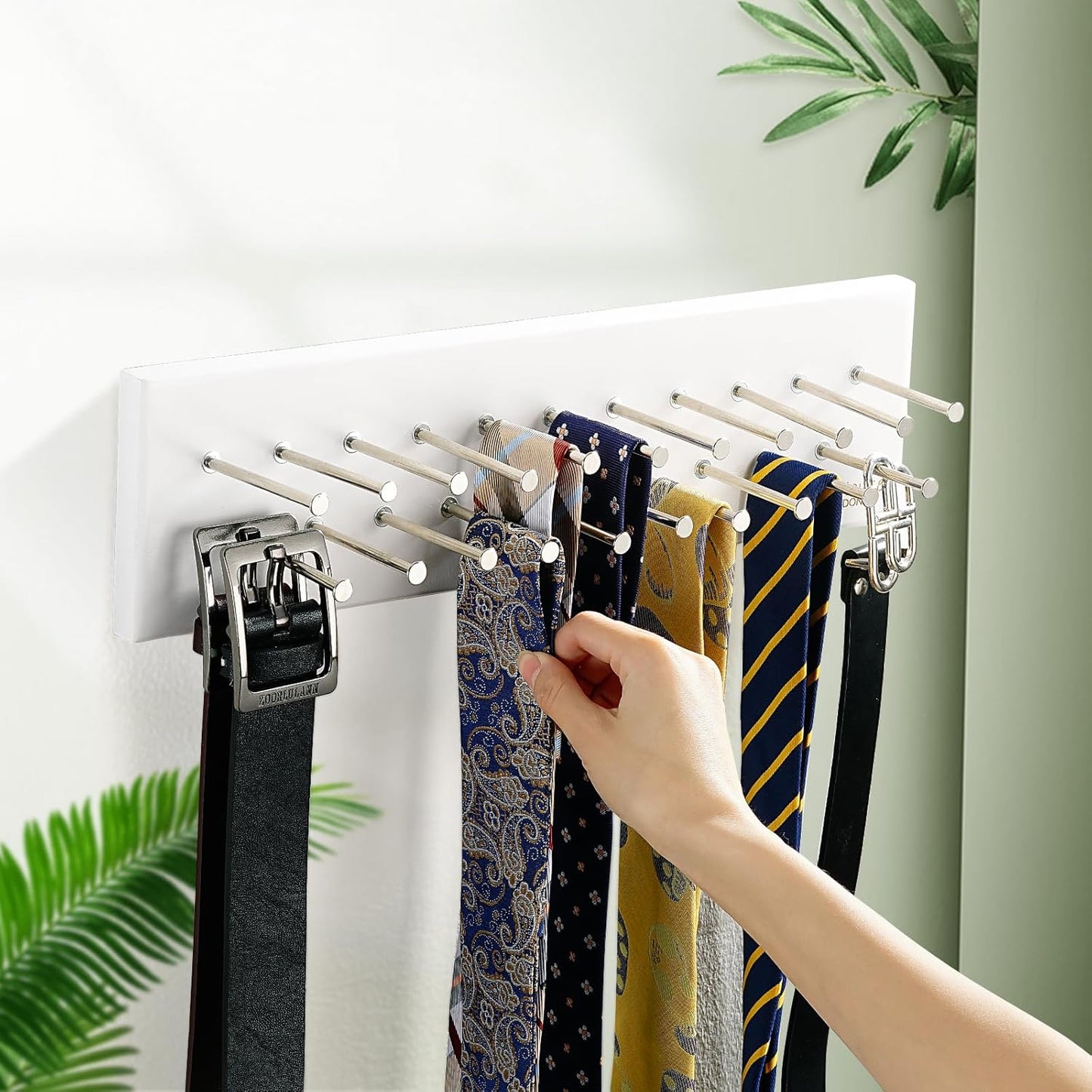 TreeHouse London Tie Rack Organizer – Holds 40 Large Ties – Solid Wood & Sturdy Metal Storage Holder for Closet – Wall Mounted Tie Display Hanger for Wall, Bedroom (White) 16''L x 4.25''H