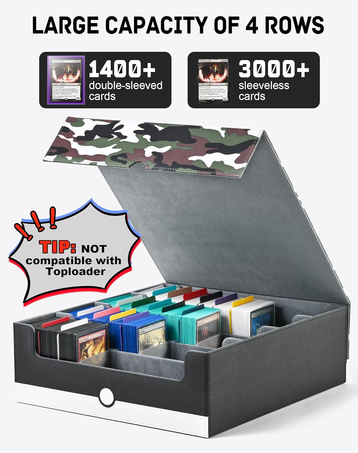 ZLCA Card Storage Box for MTG PTCG, Commander Deck Box Holds 3200+, Deck Storage Case with 4 Stoppers(Camouflage& White)
