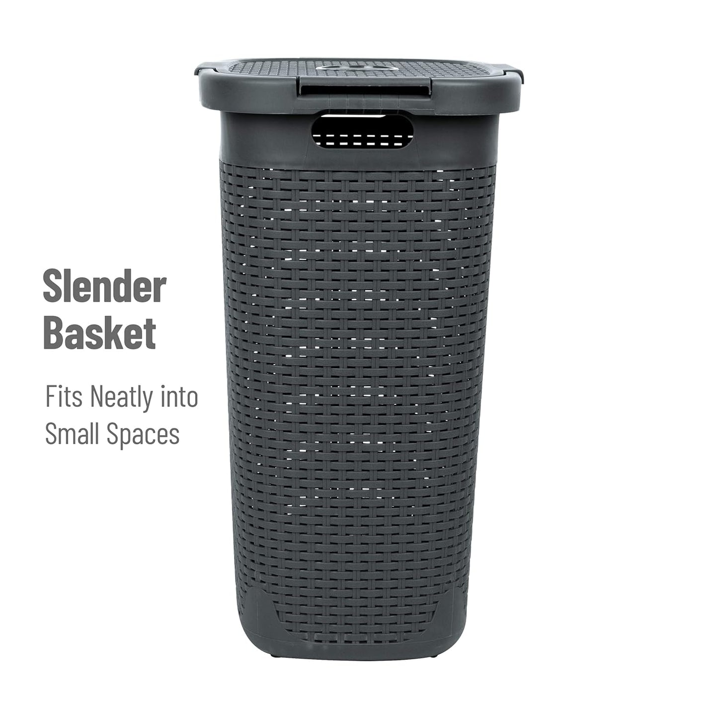 Mind Reader Slim Laundry Hamper with Lid, 60L Clothes Basket, Premium Wicker Design, Plastic, Gray