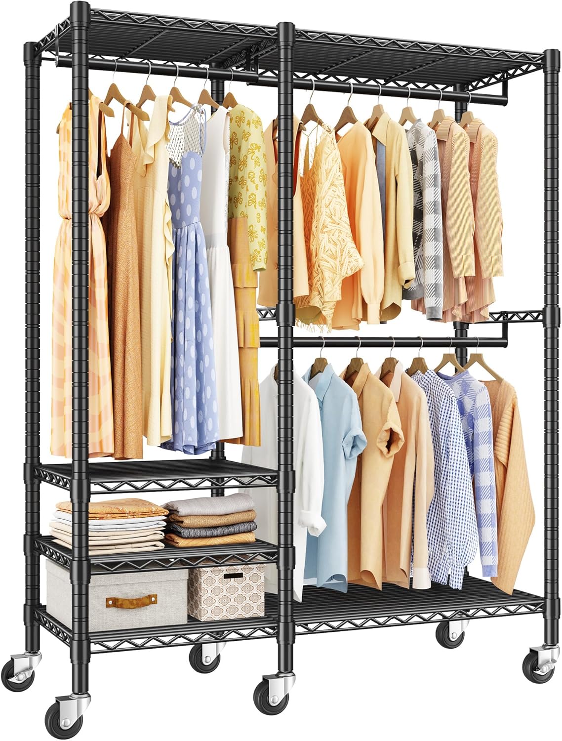 Raybee 79" H Clothes Rack, Clothing Racks for Hanging Clothes, Portable Closet with Wheels and 4 Tiers Adjustable Shelves, Black
