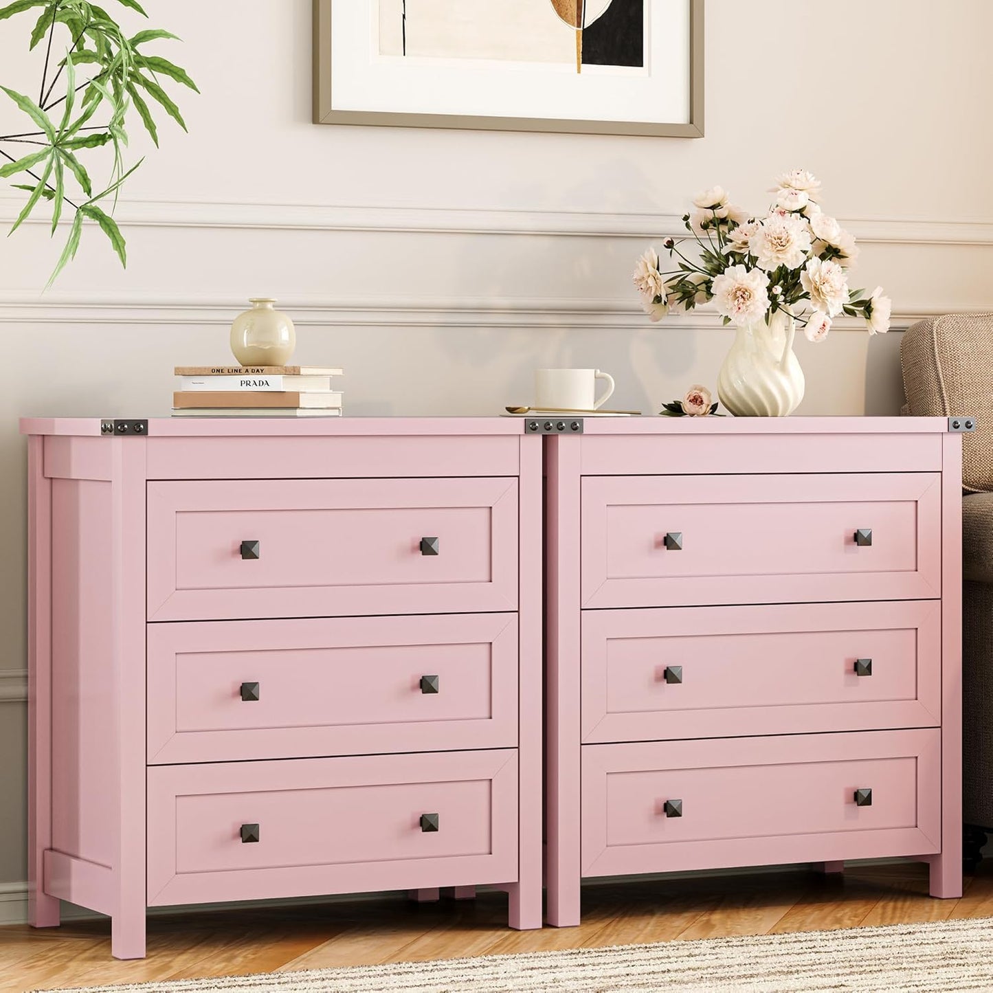 Dresser for Bedroom with 3 Drawers, Small Chests of Drawers, 27.55" Wide Farmhouse Wood Nightstand Bedside Cabinet End Table, Modern Closet Storage Organizer for Living Room, Entryway, Hallway, Pink