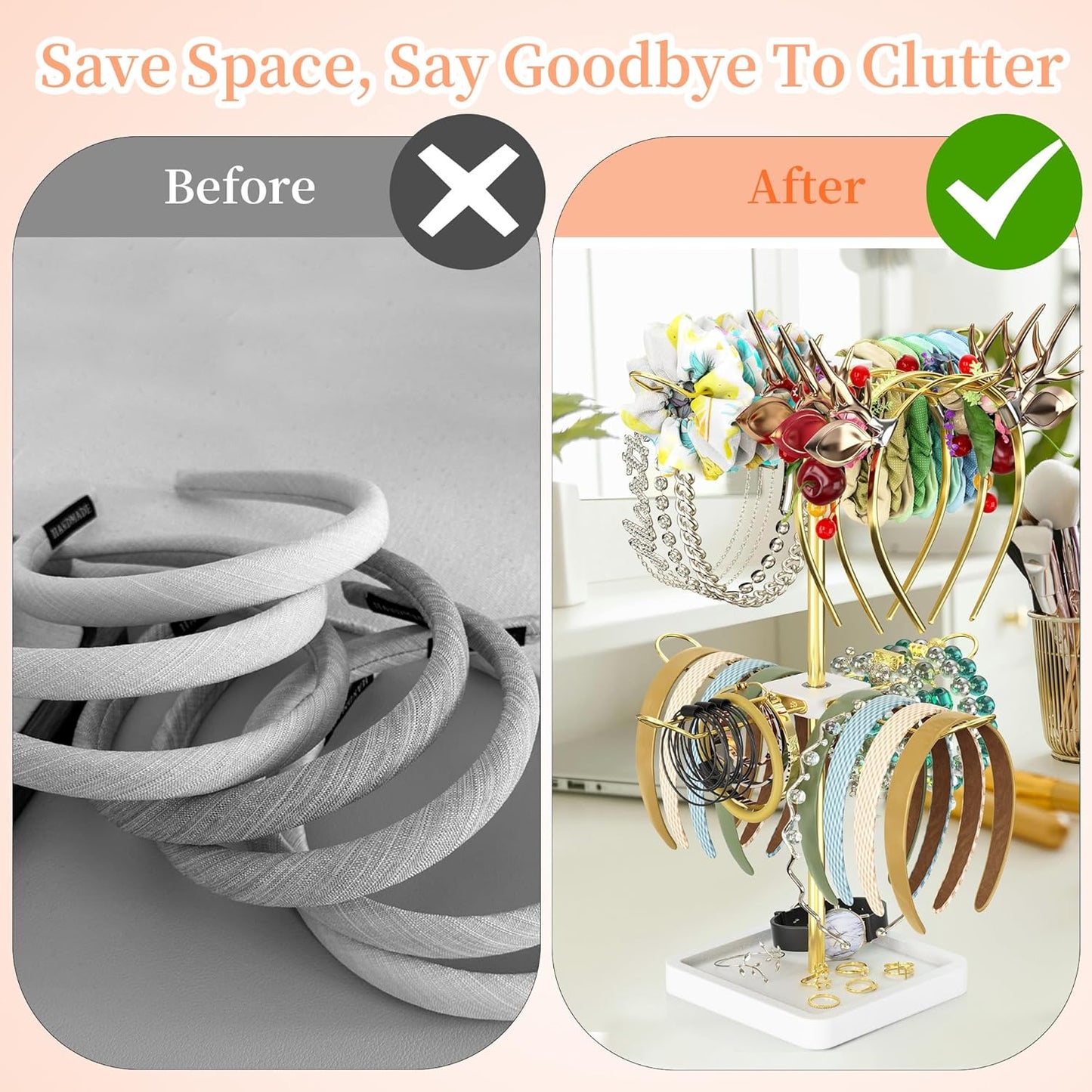 Rotatable Headband Organizer, 2 Tier Head Tie Holder, Hair Hoop Display Stand, Wooden Head Band Storage with 8 Metal Brackets, Scrunchie Rack for Bracelet, Jewelry, Claw Clip (White)