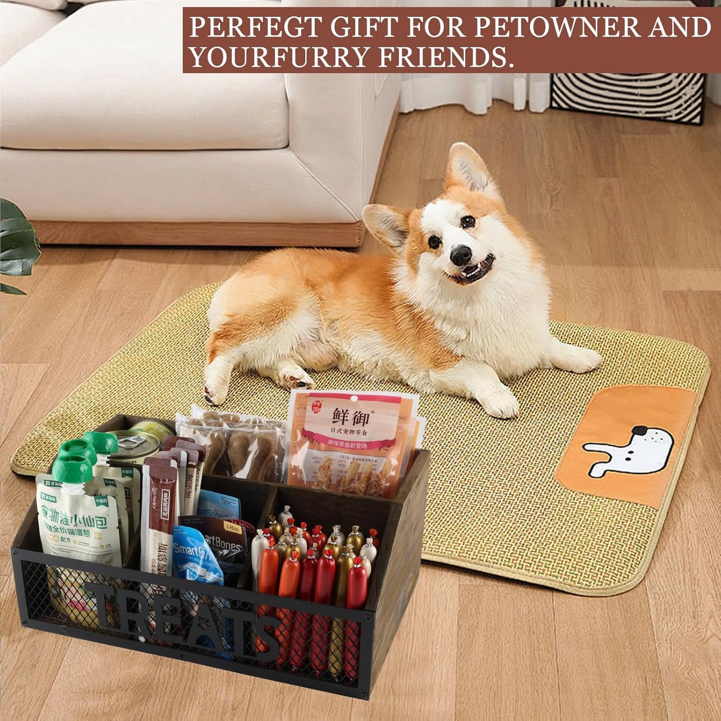 Geyecete dog treat jar dog treat container for countertop Dog Treat Container Wooden grid snack storage box trapezoid cat treat jar Desktop treat bar