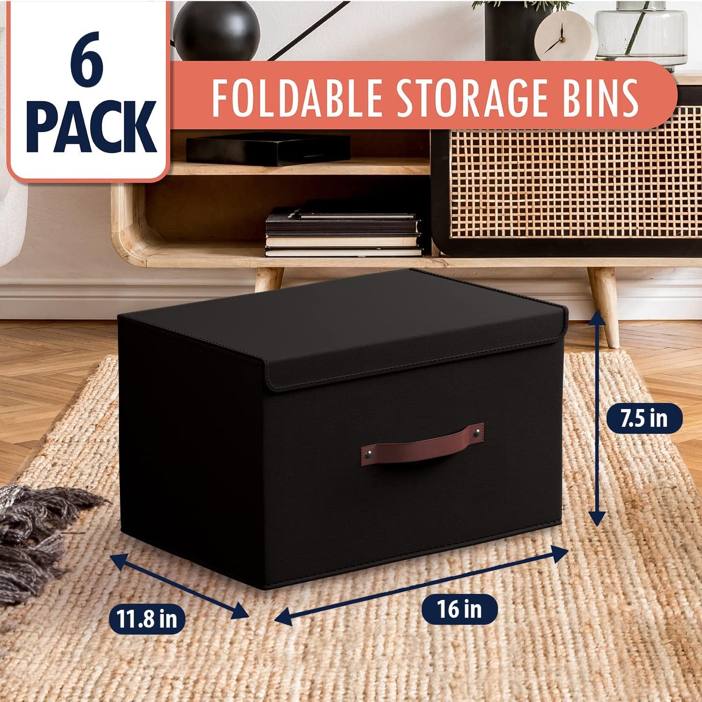 Ornavo Home 6 Pack Collapsible Storage Bins with Lid, Foldable Linen Fabric Shelf Storage Basket Closet Organizer and Large Storage Box for Clothes with Leather Handles, 16.5 x 11.8 x 7.5, Black