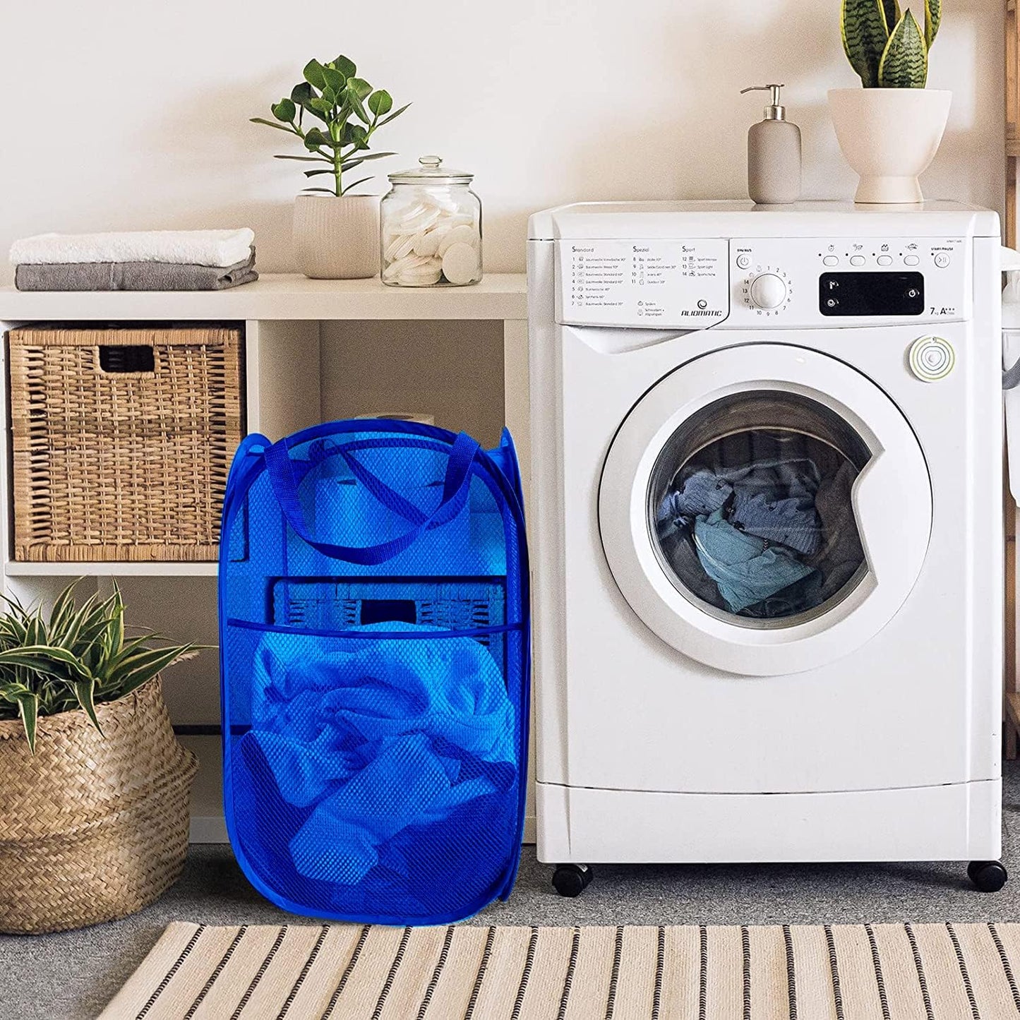 Larpur Mesh Laundry Basket, Pop up Laundry Hamper with Handles, Collapsible Clothes Basket for Travel, College, Dorm, Royal Blue