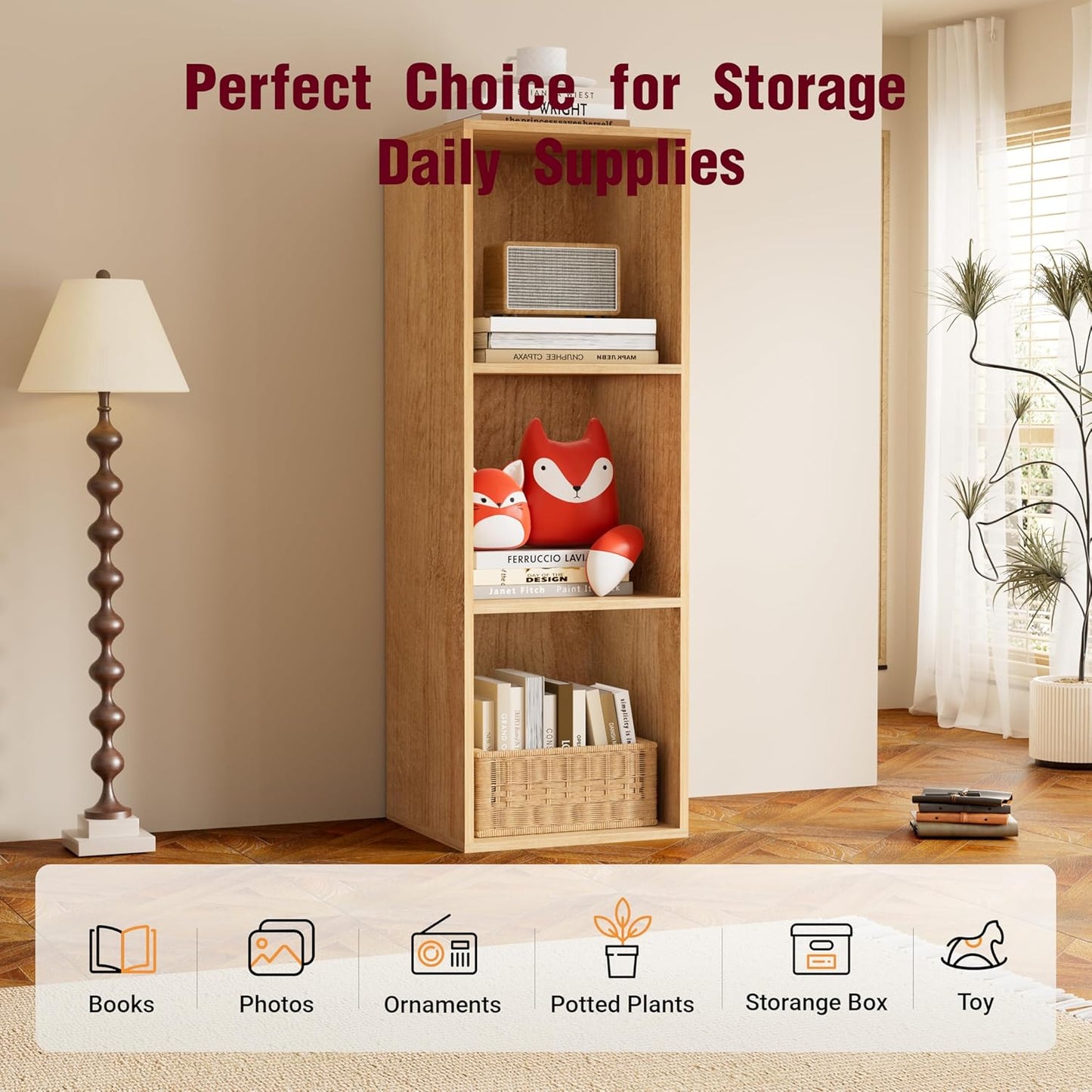 Book Shelf, Wooden Cube Storage Organizer with 11" Open Cubes, Stackable Modular Bookcase for Room Divider Storage, 3 Tier Bookshelf for Living Room, Bedroom, Office (Oak, 3-Cube)