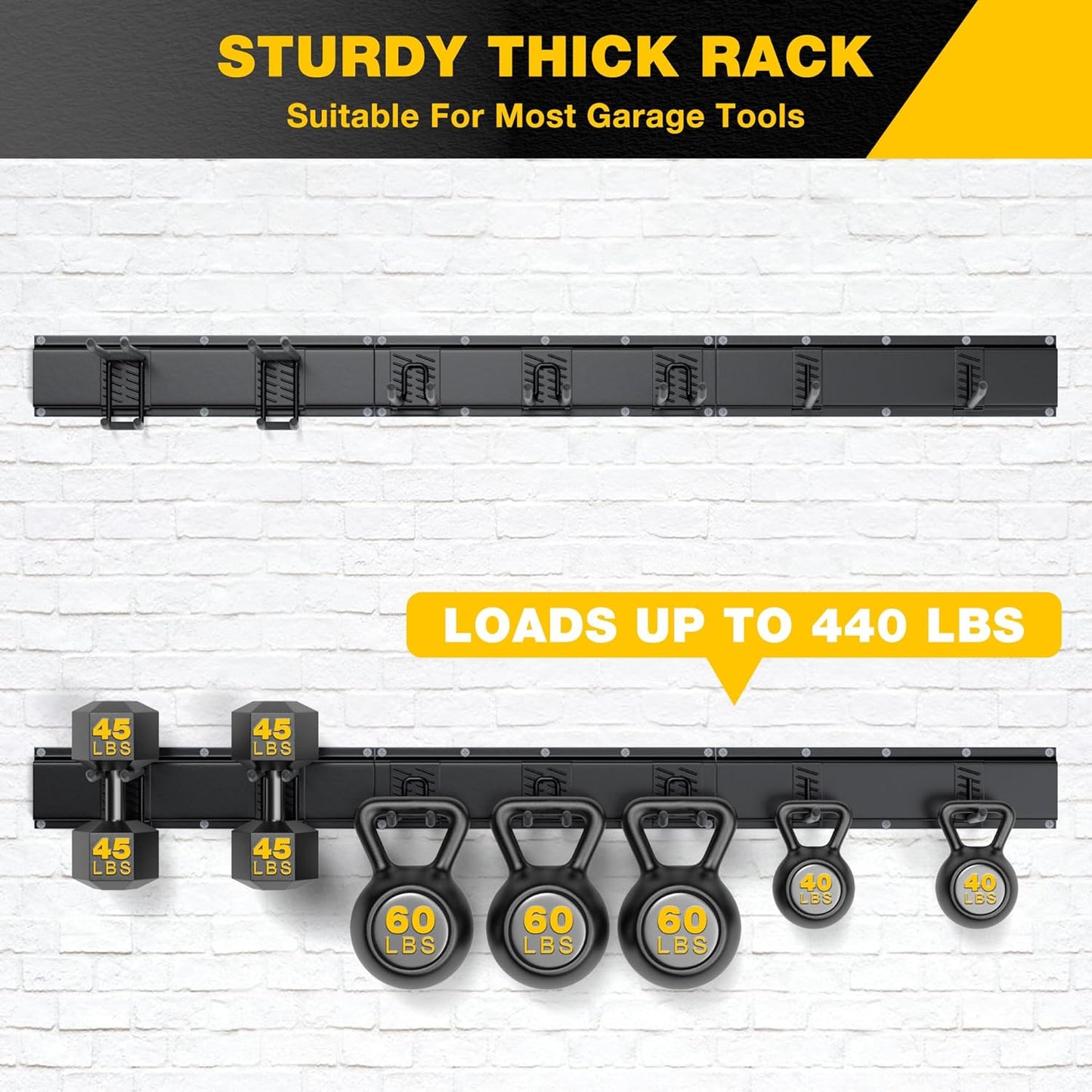 Garage Tool Organizer Wall Mount with 48 inches Rails and 7 Adjustable Heavy-Duty Hooks, Garden Tool Organizer, 10 Pack Carries 440 lbs, Heavy Duty Garage Storage Rack For Yard, Shed, Easy to install