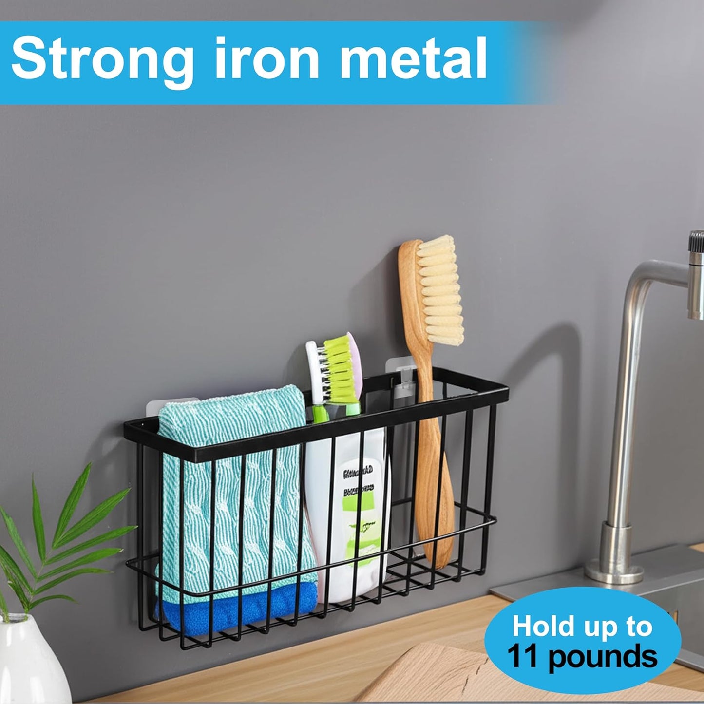Wall Organizer Baskets, Lid Organizers Inside Cabinet with 2 Caddy Adhesive, Cabinet Door Organizer with 2 Sponges, 4 Hooks, Cabinet Door Storage for Foil Aluminum Roll, Black, 2 Pack (Small, Medium)
