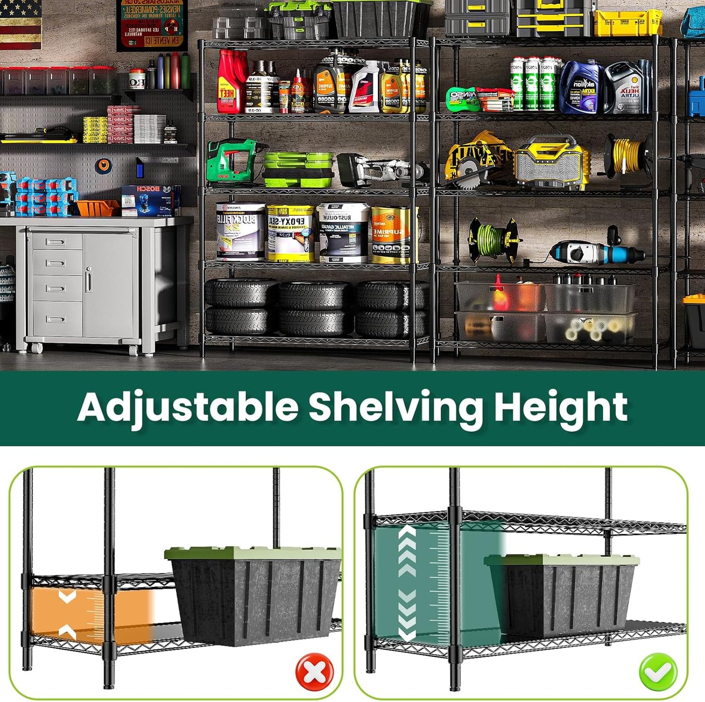 48" W Storage Shelves 5-Tier Wire Shelving, 1875LBS Adjustable Metal Shelving with 5 Shelf Liners, Heavy Duty Steel Wire Rack for Garage Commercial Pantry Kitchen, 48" W x 18" D x 72" H, Black