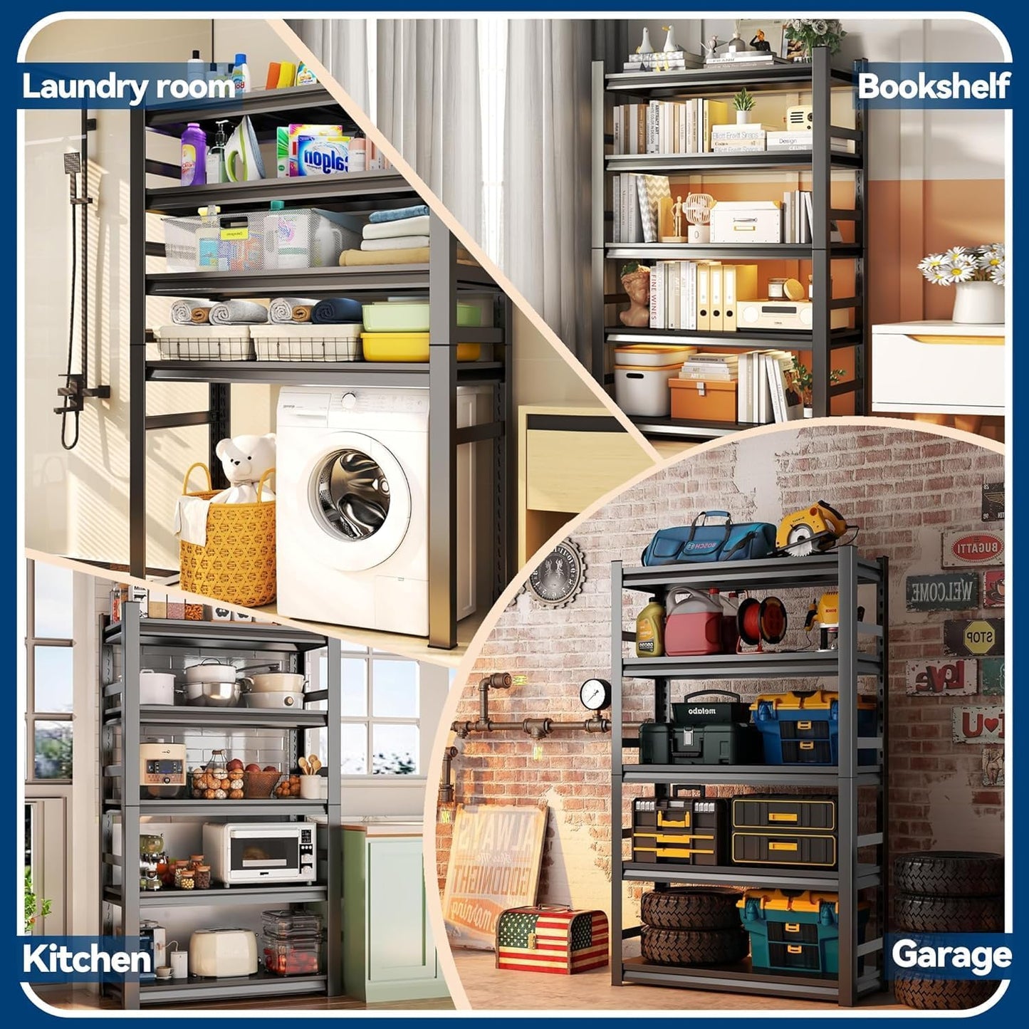 Garage Storage Shelves,5 Tier Shelving Unit, 40 inch Wide, 18” Deep, 78” Tall Organizer Metal Shelf for Basement/Laundry/Pantry Heavy Duty, Adjustable,Easy to Install (5Tier-45.3"WX17.7"DX63"H)