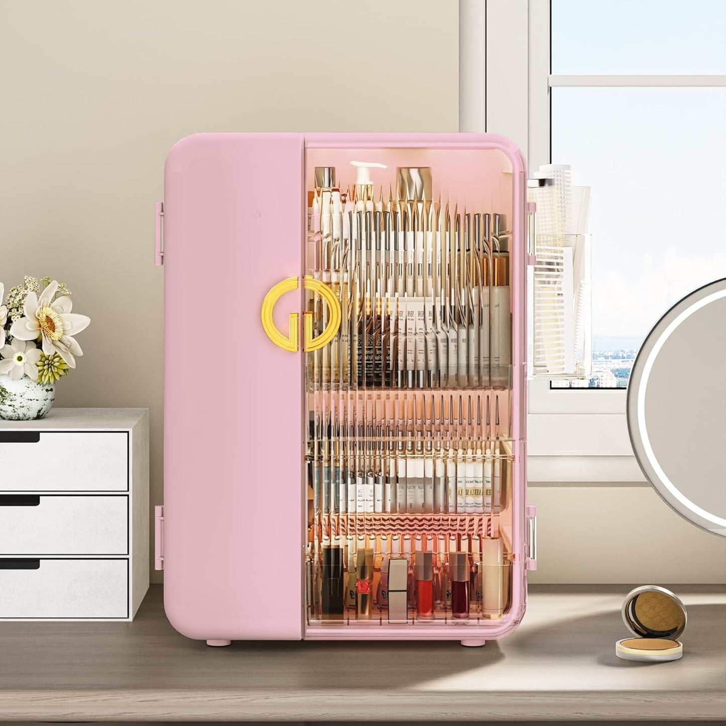 UAK Makeup Organizer with Drawers for Vanity, Cosmetic Display Case with Brush Holders, Storage for Skincare Countertop Bathroom (Pink)