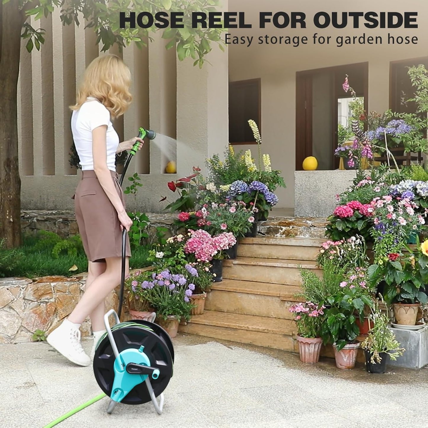 Garden Hose Reel Cart,Hold Up to 50-130 Feet of 5/8" Hose,Wall Mounted Water Hose Reel,Portable Hose Reel Holder,for Outside Car Washing, Watering
