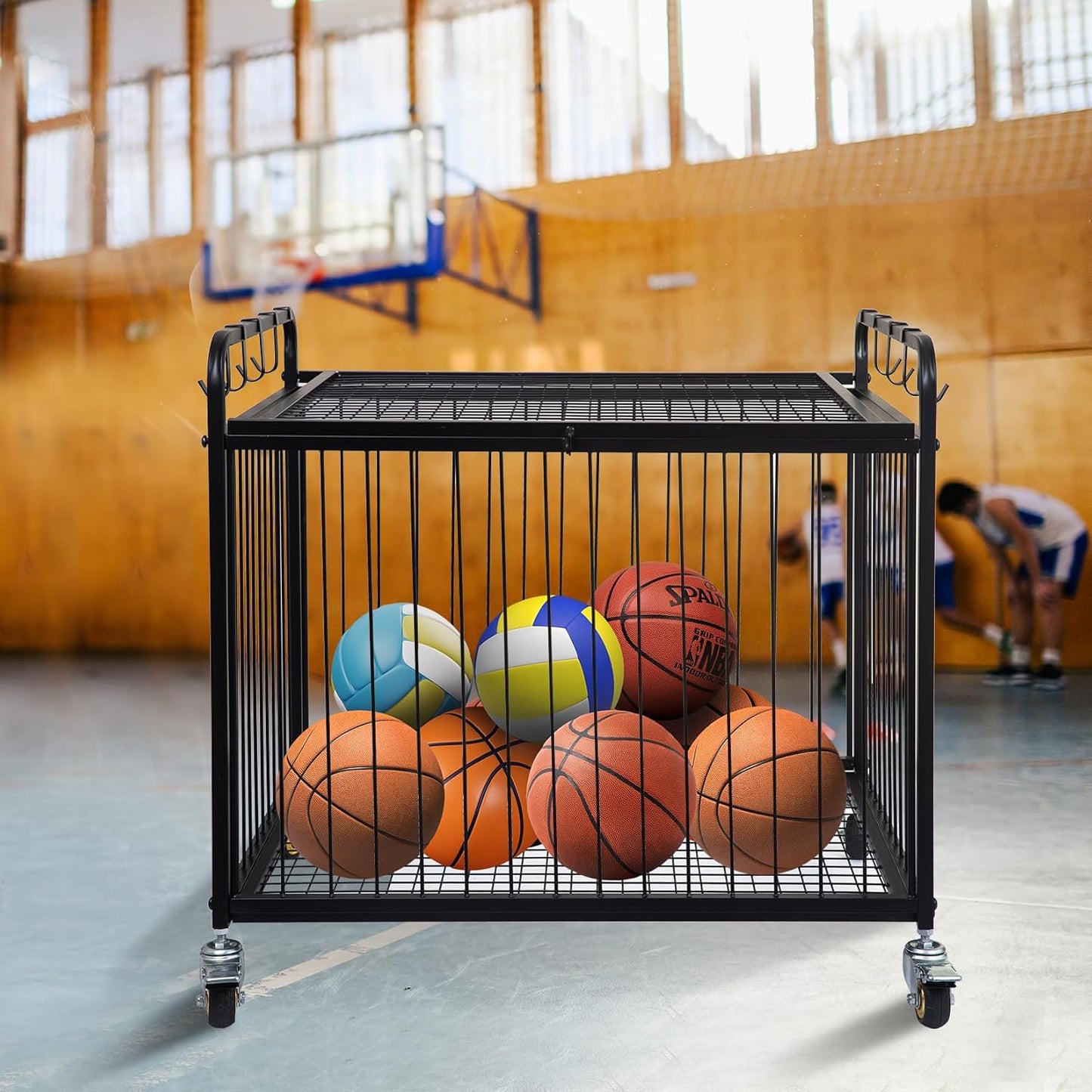 Matt Black Metal Rolling Cart Ball Gym Equipment Sports Gear Storage Portable Wheel Basket Lockable Cage Raised Handle Athletic Basketball Football Soccer Volleyball Racket School PE Class