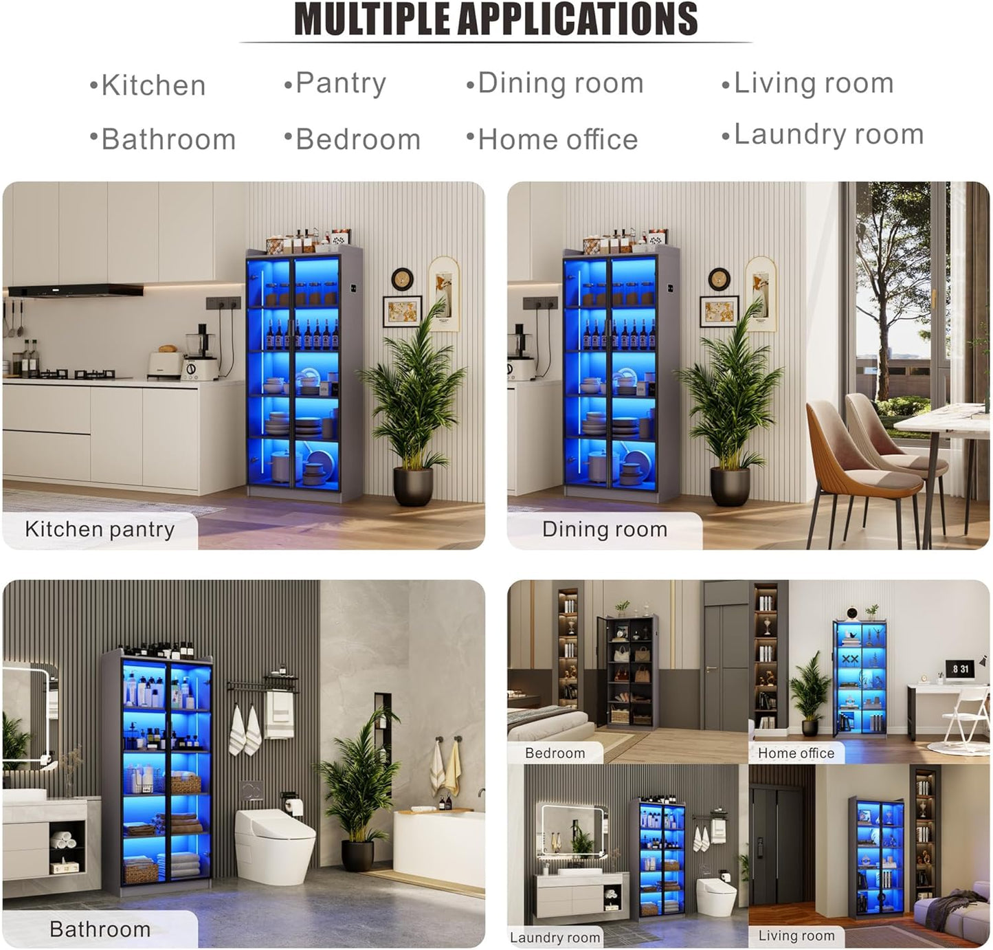 65" Tall Display Cabinet with Doors, Lighted Bookcase with Lights/Human Sensor, 5 Tier Display Case with Adjustable Shelves for Collectibles Bedroom Living Room Office, Grey-Smoked Black Door