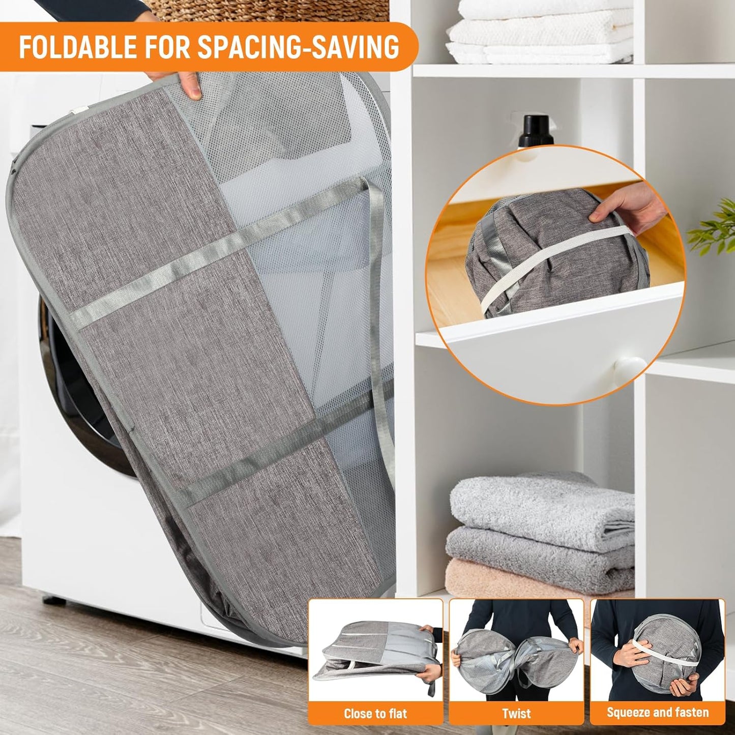 Collapsible Laundry Baskets with 3 Compartment, 150L Tear-proof Pop Up Hamper, Foldable Laundry Basket with Tote Handles, Dirty Clothes Hamper for Laundry, Bedroom, Bathroom, Dorm Grey