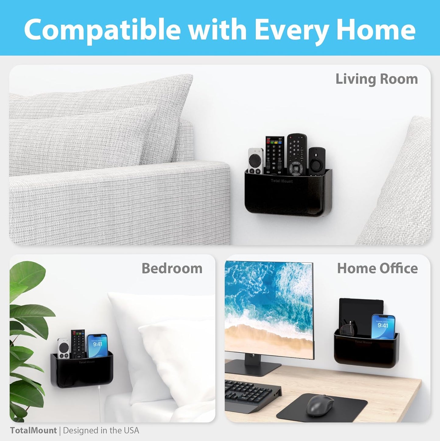 TotalMount Hole-Free Remote Holder – Eliminates Need to Drill Holes in Your Wall (Premium Black Holder for 3 or 4 Remotes)