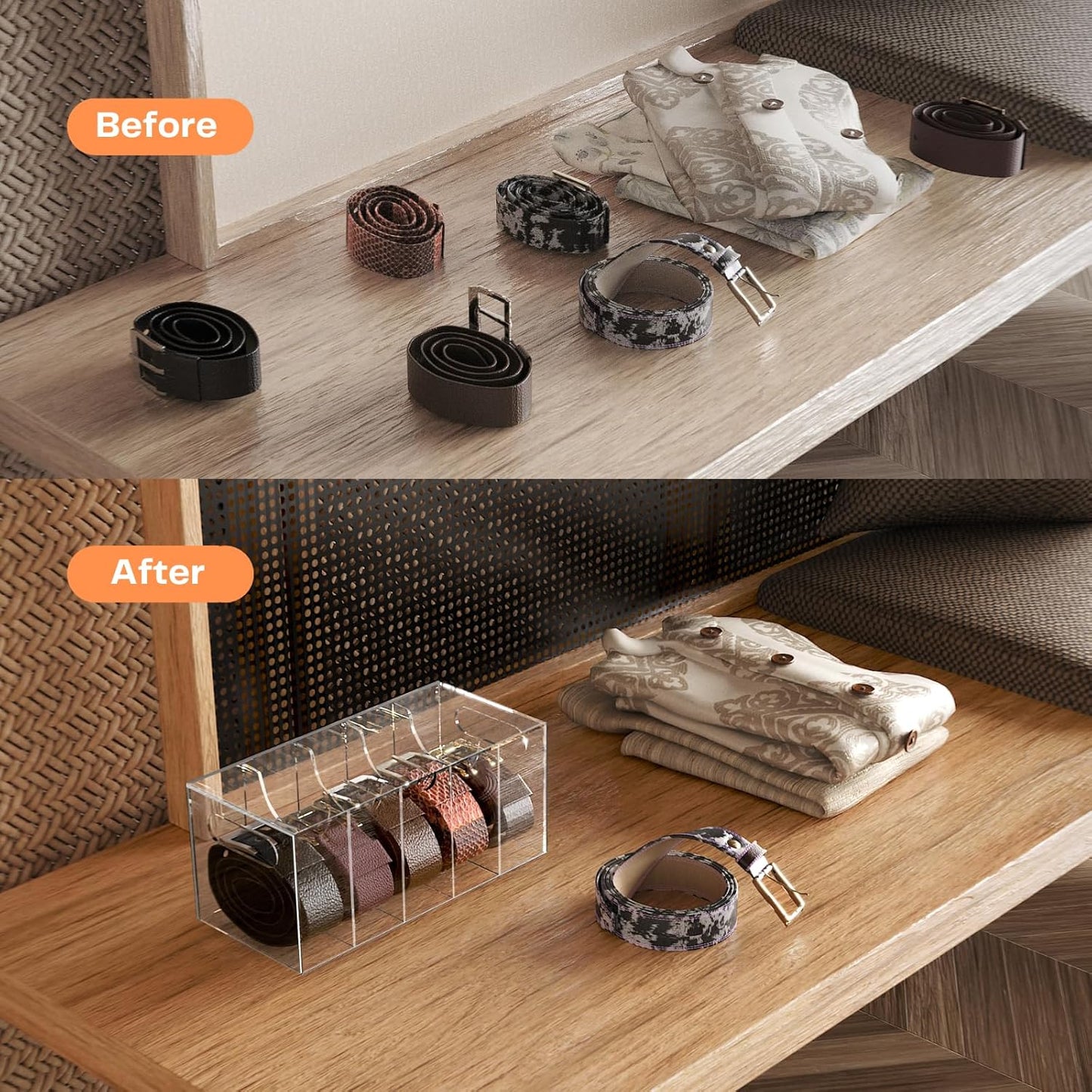 Acrylic Belt Organizer Holder for Closet with Dust Cover Lid - Clear Storage Display Case for Drawer - 5 Compartments
