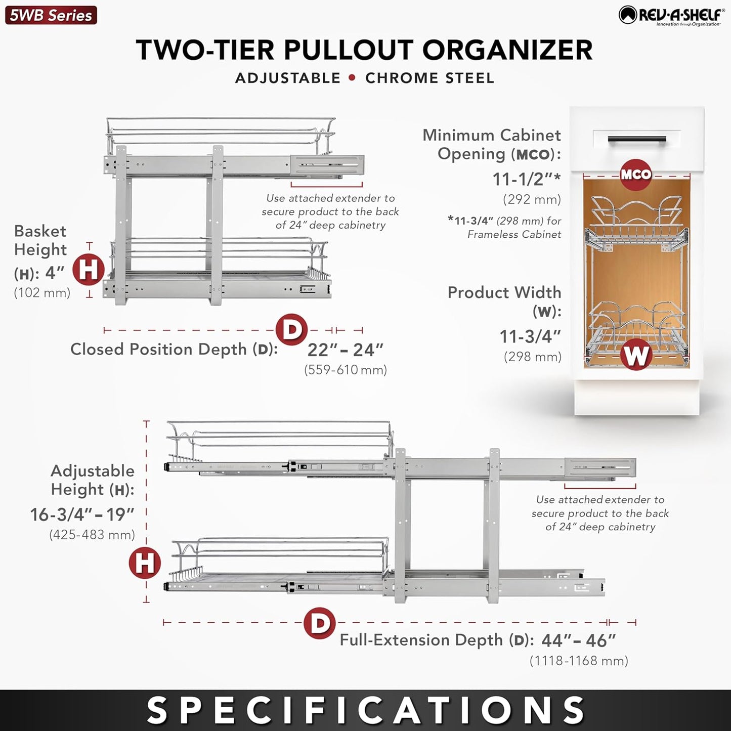 Rev-A-Shelf 2-Tier Kitchen Cabinet Pullout Shelf and Drawer Organizer Slide Out Pantry Storage Basket in Multiple Sizes, 12 x 22 In, 5WB2-1222CR-1