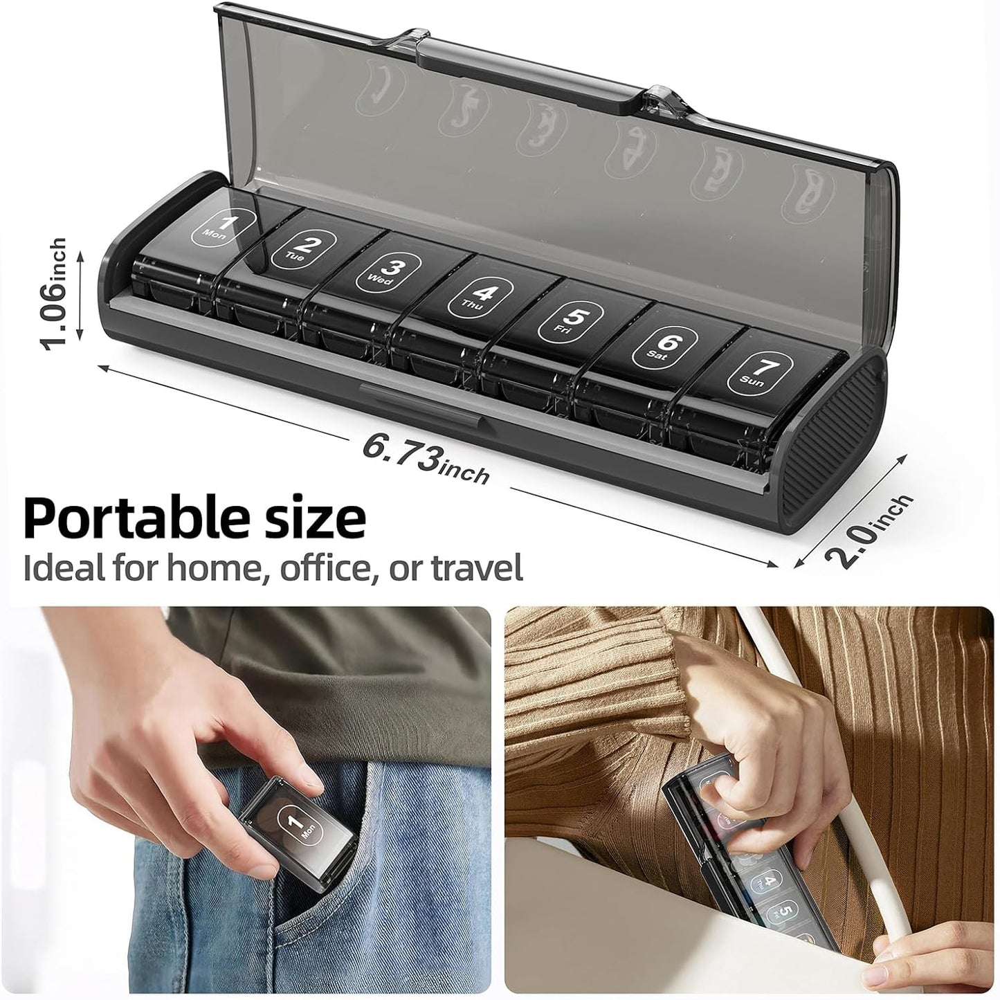 Weekly Pill Organizer,Portable 7 Day Pill Box,Moisture Proof Medicine Pill Organizer,Travel Pill Case with BPA-Free Material,Pocket-Size for Supplements & Vitamins (Black)