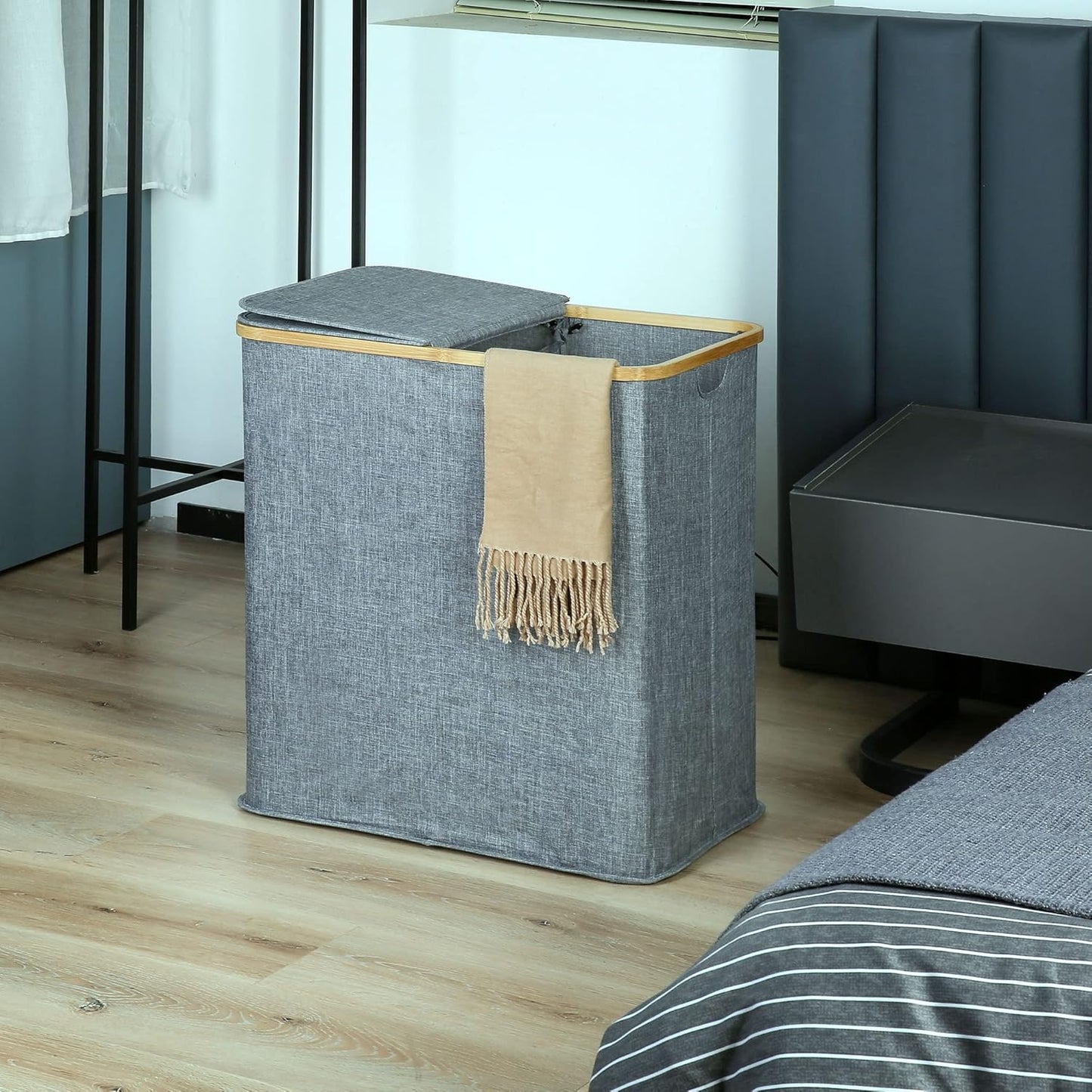 efluky Laundry Hamper with Lid, Double Laundry Hamper with 2 Removable Bags, 2 Section Laundry Basket with Bamboo Handles for Bathroom, Bedroom & Laundry Room, 140L (36.9 Gallon) Blue Grey