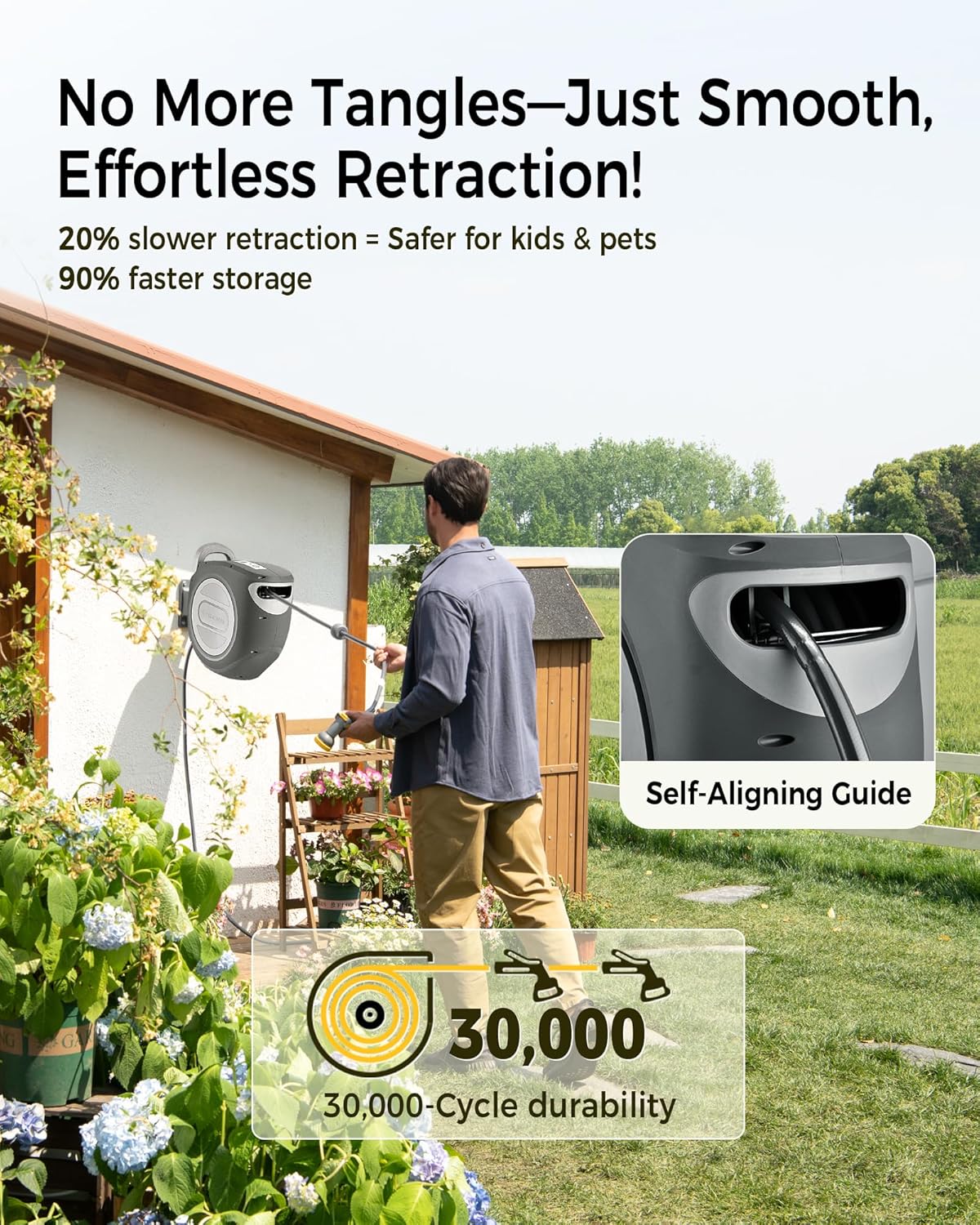 GLAHODEN Retractable Garden Hose Reel 1/2 in x 155 ft Upgraded UV Resistant Heavy Duty Automatic Hose Reel Metal Wall Mount 3/4 in Brass Fitting 9 Pattern Nozzle Any Length Lock Slow Retraction