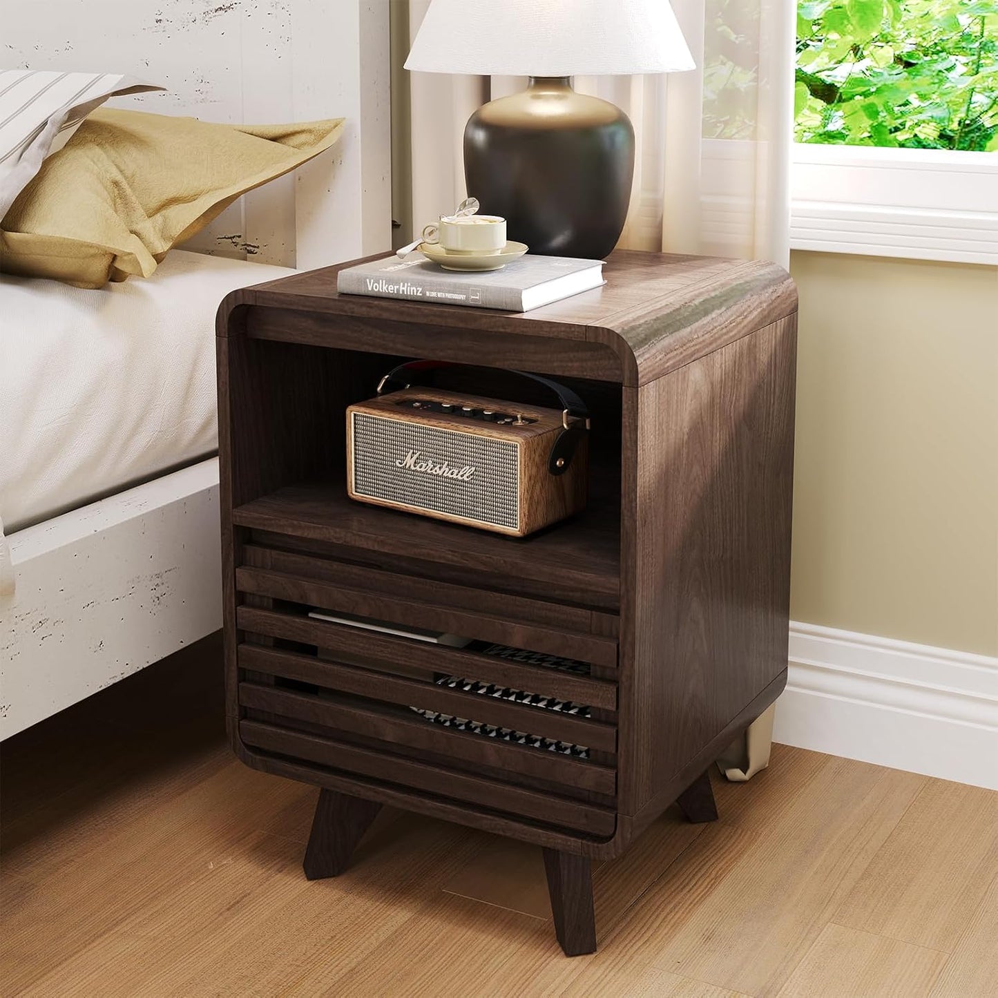 Fluted Night Stand Nightstand with Drawer Storage Grille Bed Side Table End Table Large Modern Wide Bedside Stand Tall Night Stands for Bedroom Living Room Sofa Couch Home Office, Dark Walnut