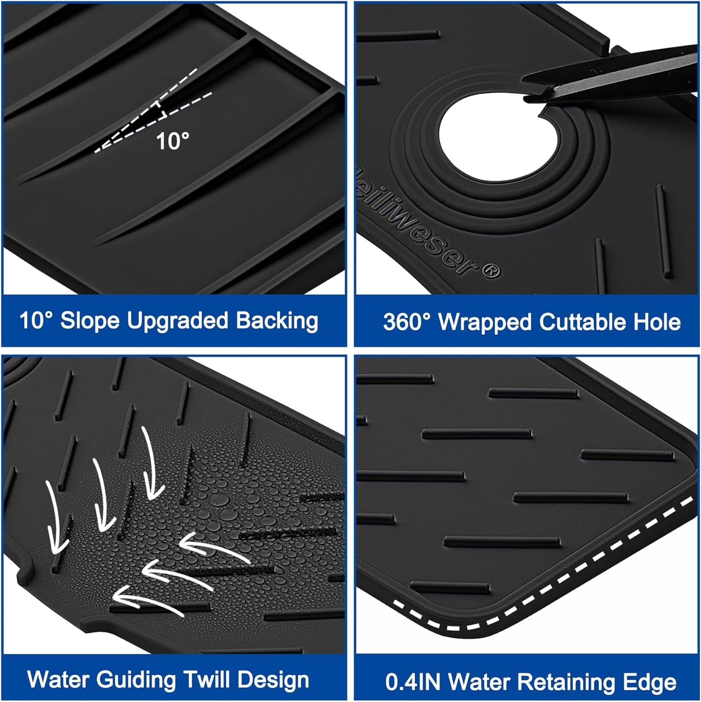 Meiliweser Faucet Mat for Kitchen Sink – 24” x 5.1” Extra-Long Silicone Splash Guard with 10° Slope & Upgraded Drainage – Gen 3 Sink Water Catcher & Sponge Holder for Kitchen, Bathroom (Black)