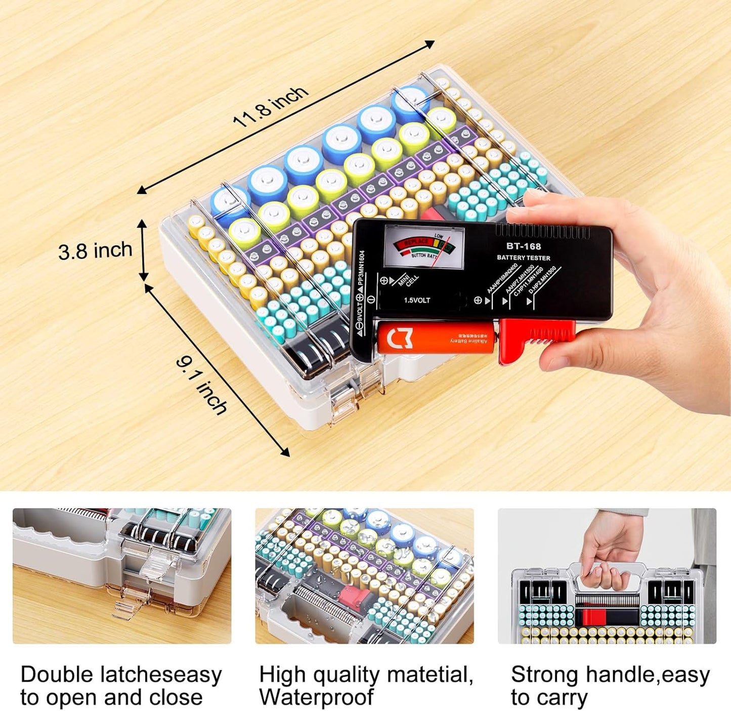 Battery Organizer Storage Holder Box Case with Tester, Ultra-Large 262+ Batteries Container with Double-Sided, Holds AA AAA 4A 23A C D Cell 9V 3V Lithium 4LR44 CR3 CR123A 18650 (Gray)