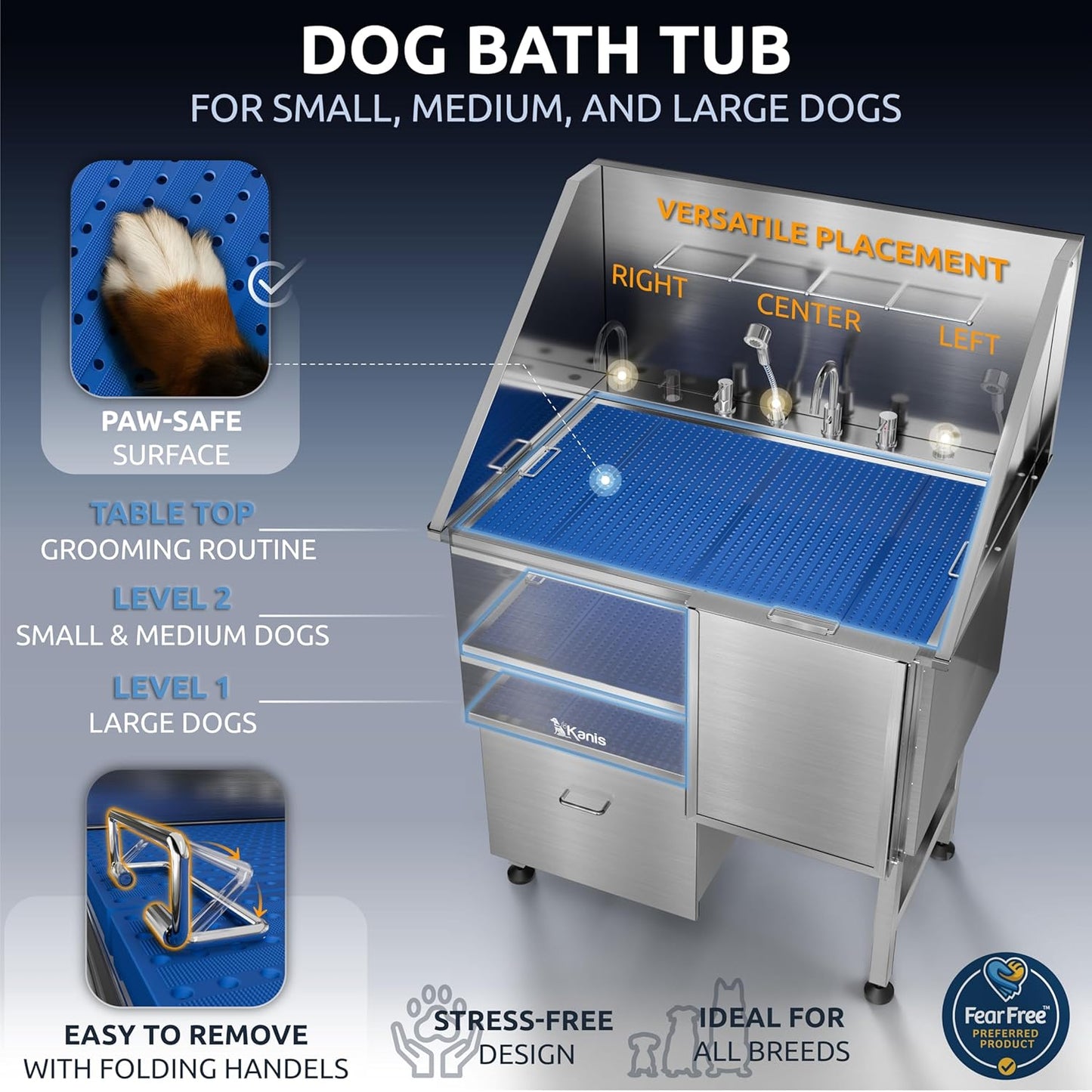 KANIS Professional Dog Washing Station - 304 Stainless Steel Pet Wash Sink & Grooming Bathtub w/Shower, Floor Grates and Storage for Large, Medium & Small Pets (40", 1 Drawer - Right Ramp)