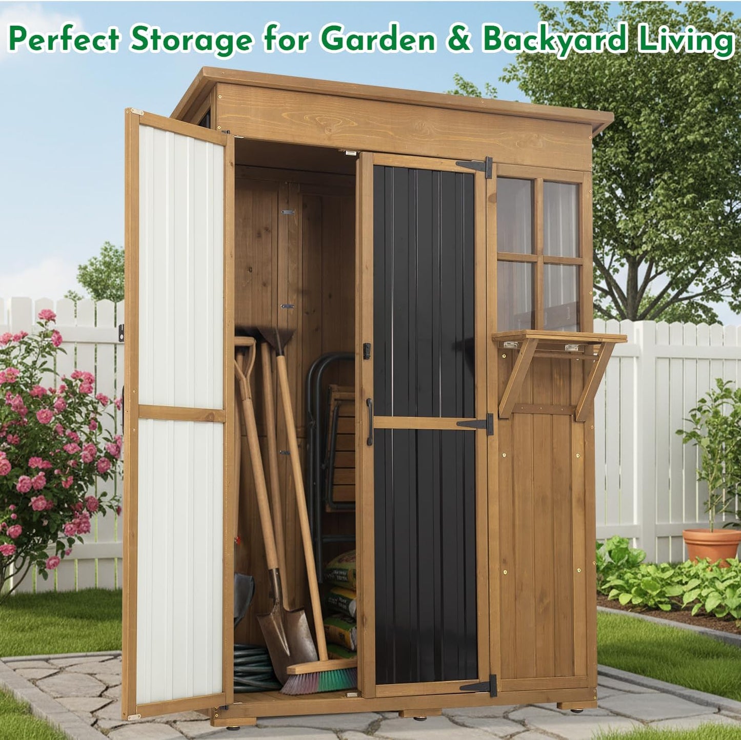 Outdoor Storage Cabinet, Large Wood & Metal Garden Shed with Foldable Table, Weather-Resistant Asphalt Roof, Lockable Doors & Adjustable Feet for Patio, Backyard, or Garage (47"L x 20"W x 70"H)