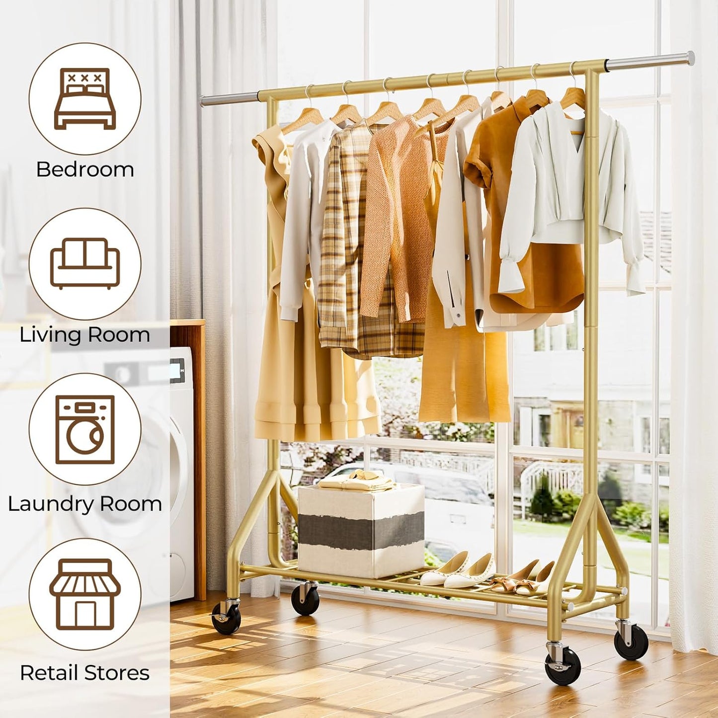 Heavy Duty Clothes Rack Load 450 LBS, Metal Garment Rack, Standing Rolling Clothing Rack for Hanging Clothes with Sturdy Wheels & Shelves, Portable Closet Wardrobe Rack,Gold