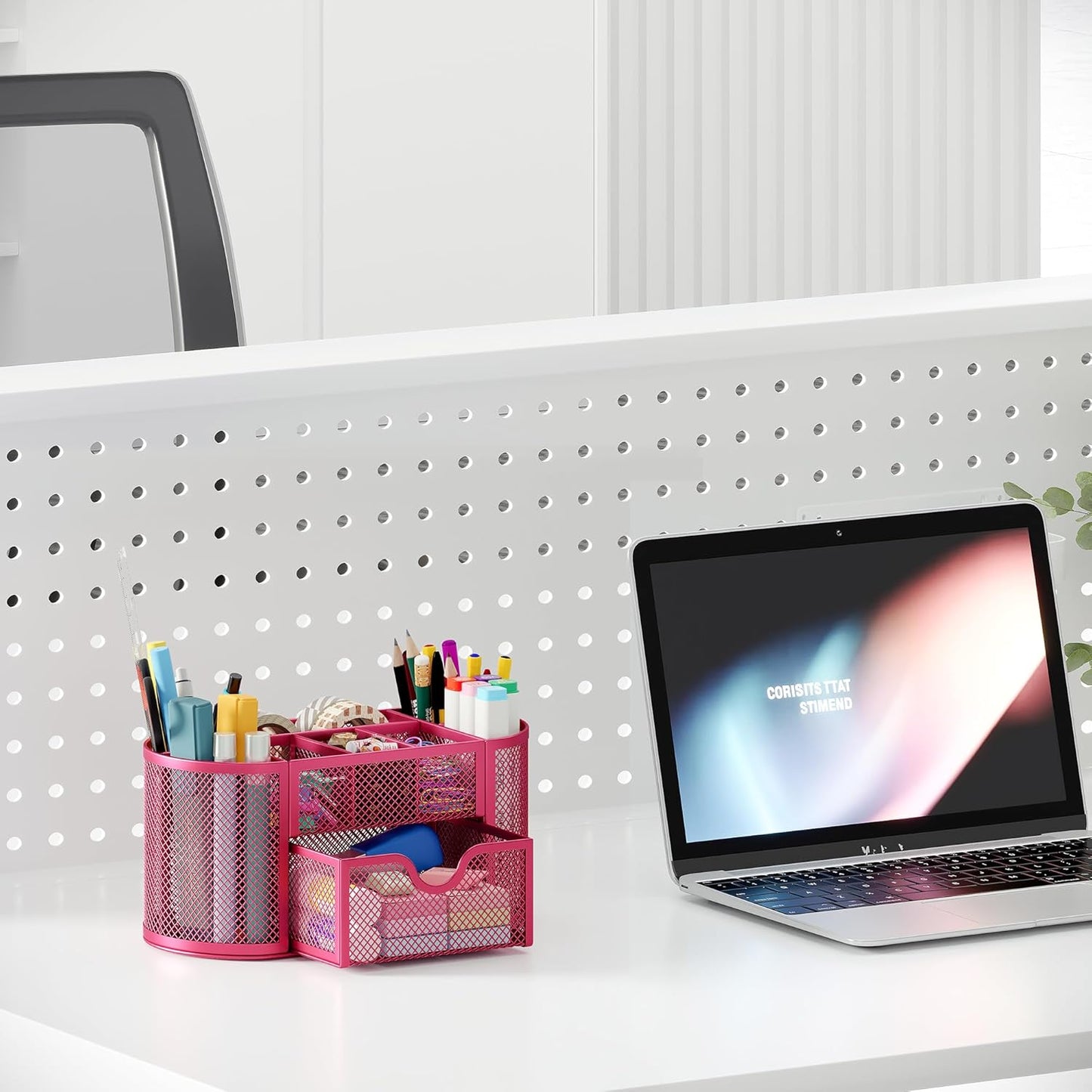 EasyPAG Mesh Pen Holder Desk Organizer with Drawer Stationery Supplies Organizer for Dorm School 9 Compartments Workspace Desk Accessories Organization for Office, Hot Pink