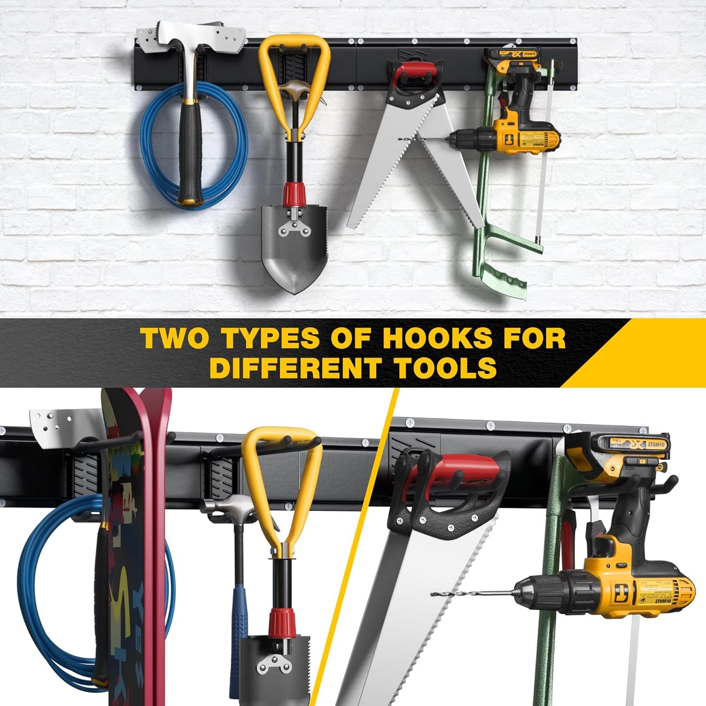 Garage Tool Organizer Wall Mount with 32 inches Rails and Adjustable Heavy-Duty Hooks, Garden Tool Organizer, Carries 300 lbs, Heavy Duty Garage Storage Rack For Yard, Shed, Workshop, Easy to Install