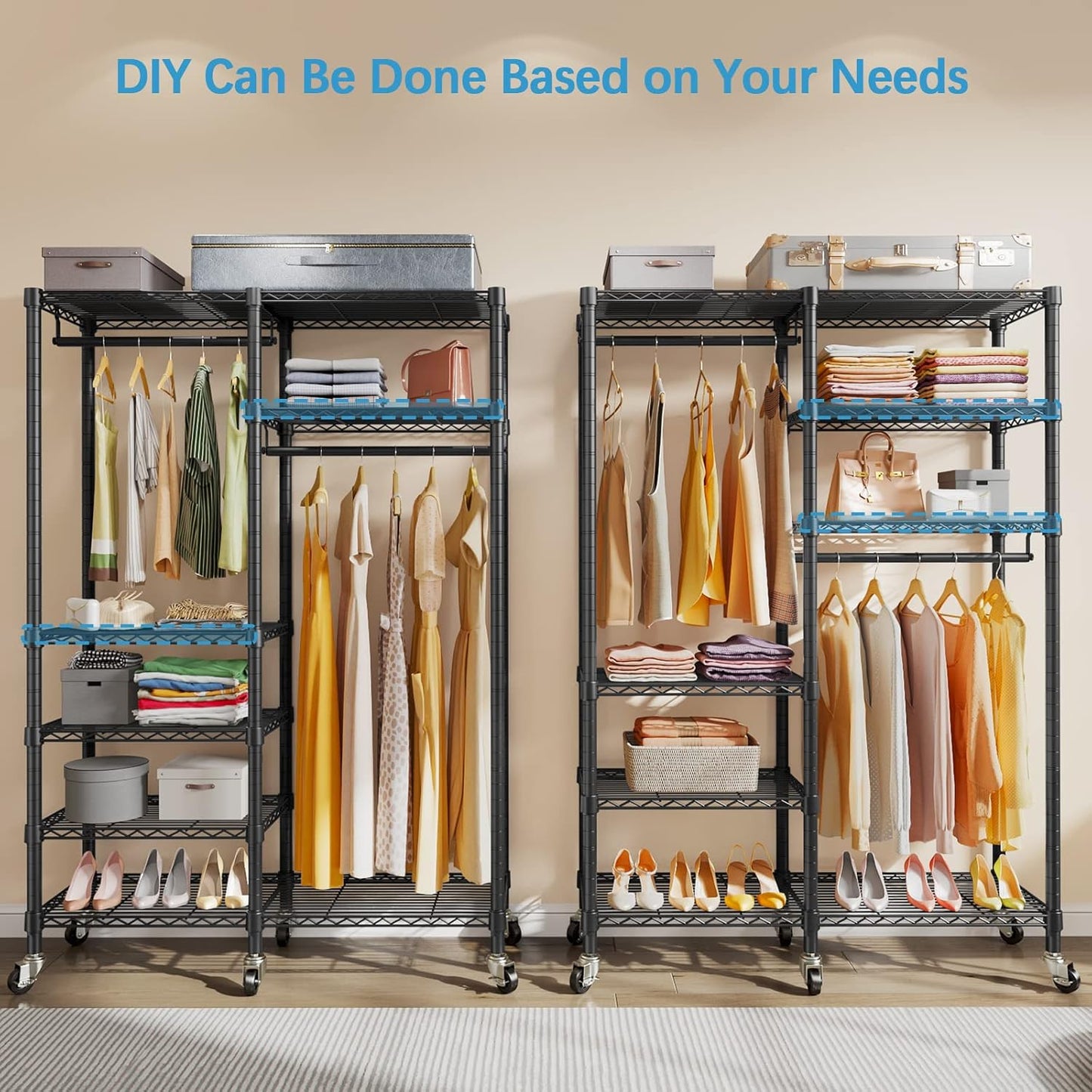 VIPEK R4 Garment Racks Heavy Duty Clothes Rack -620lb Capacity Metal Frame, Rolling Lockable Wheels & 6 Tiers Adjustable Height Shelves & Hanger Rods, Sturdy Wardrobe Closet for Home Storage, Black