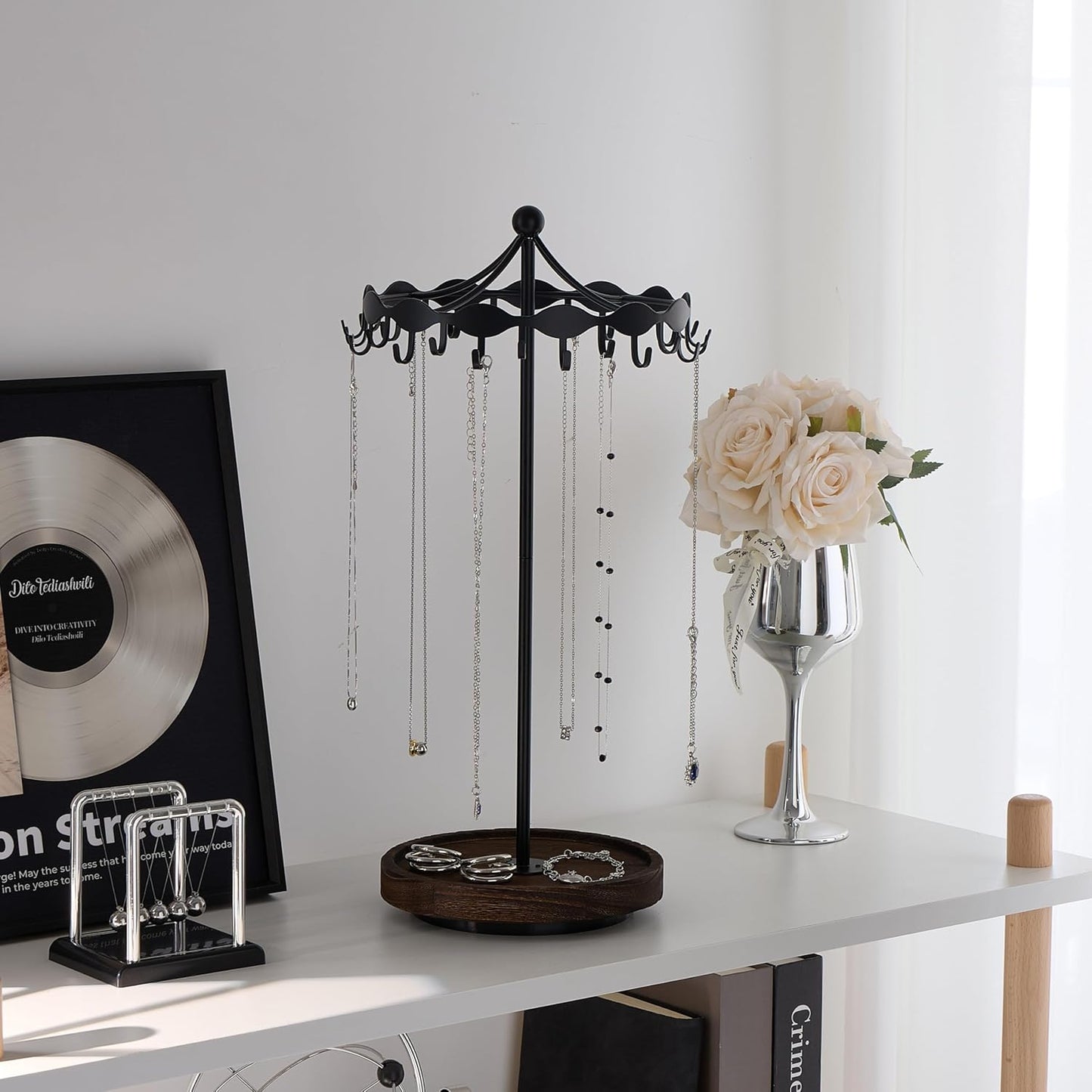 Lolalet Rotating Necklace Holder Stand with Metal Hooks, Spinning Display Carousels, Freestanding Organizer Hanger, for Long Necklaces Chains -Black