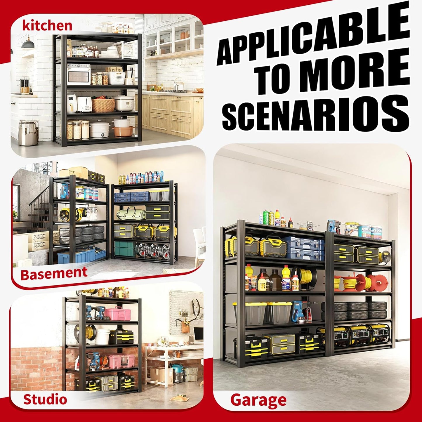 63" H Heavy Duty Garage Shelving, Metal Storage Shelves, Adjustable 5 Tier Metal Shelving Unit, Industrial Utility Rack for Garage, Warehouse, Workshop, 16" D×31.5" W×63" H, Black