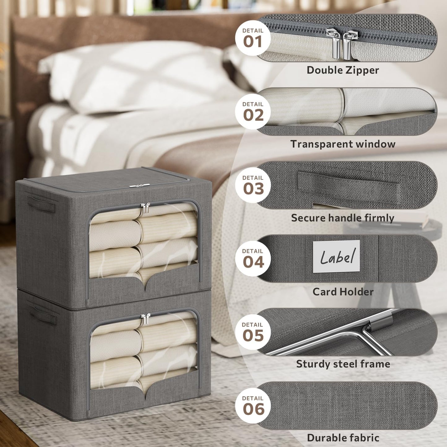 FHSQX 3 Pack Extra Large Clothes Storage Bins Foldable Metal Frame Storage Box Stackable Linen Fabric Organizer Set with Carrying Handles and Clear Window (Dark Gray, 23.6x16.5x15.7inch(100L))
