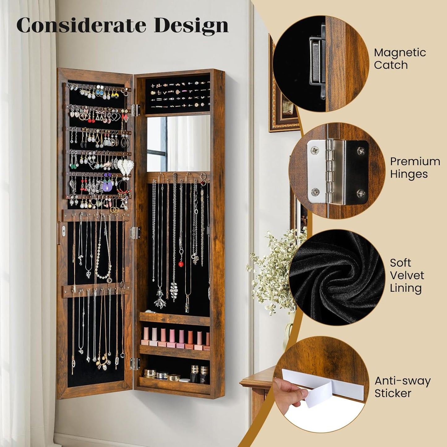 Giantex Wall Mounted Jewelry Cabinet with Full Length Mirror, Over The Door Jewelry Armoire Organizer with Large Storage, Makeup Mirror & Velvet Lining (Rustic Brown)