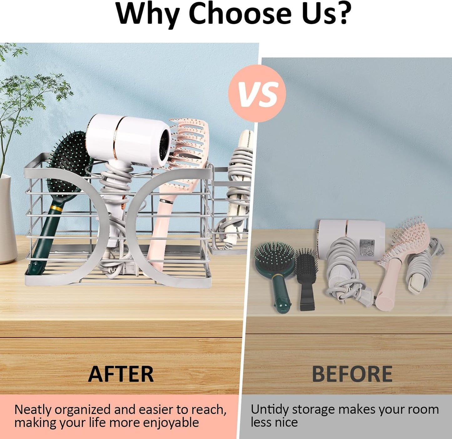 Elegant Light Gray Wall Mounted Hair Dryer Holder - Stylish Bathroom Organiser for Hair Dryer & Straightener, Hair Brush & Accessories