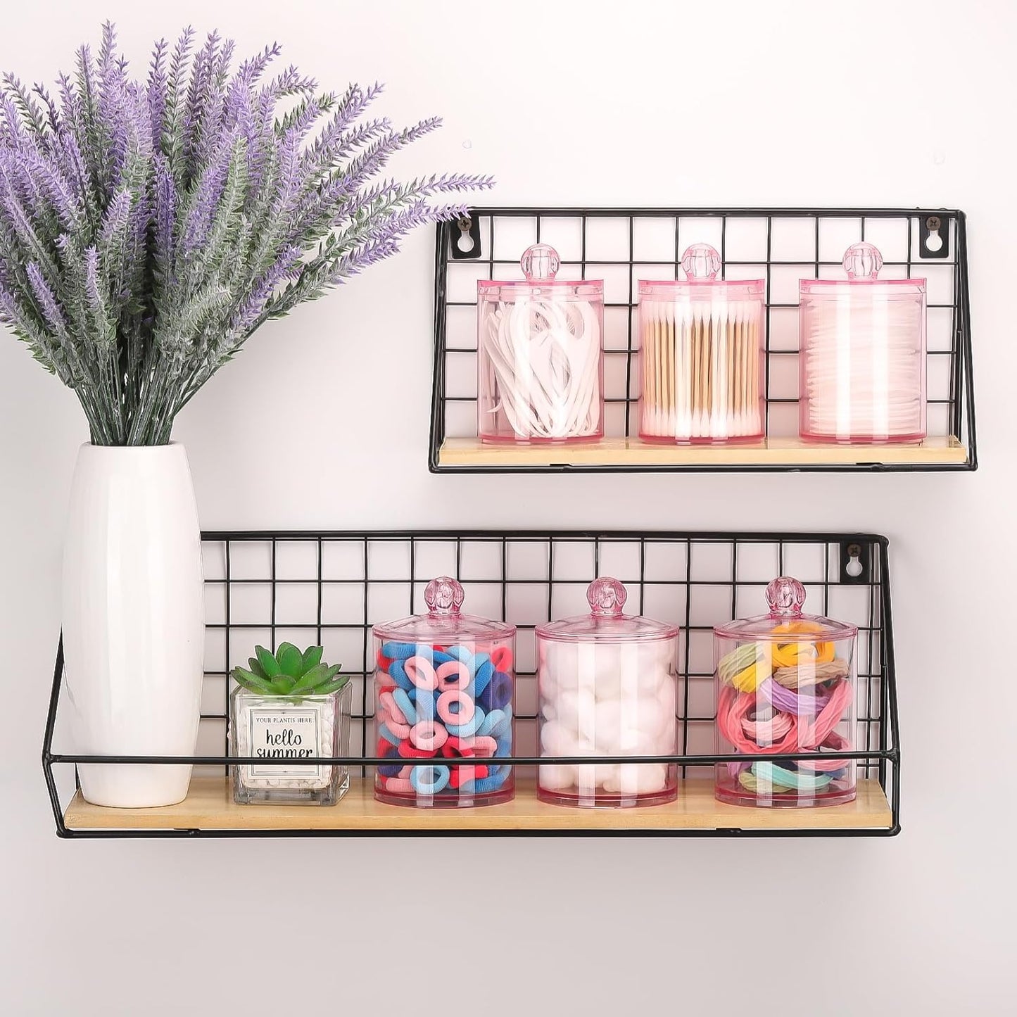 Tbestmax 6 Pack Qtip Holder - 12 oz, 10 oz Bathroom Organizer and Storage Containers, Plastic Apothecary Jars with Lids for Cotton Ball, Cotton Swab, Floss, Pink