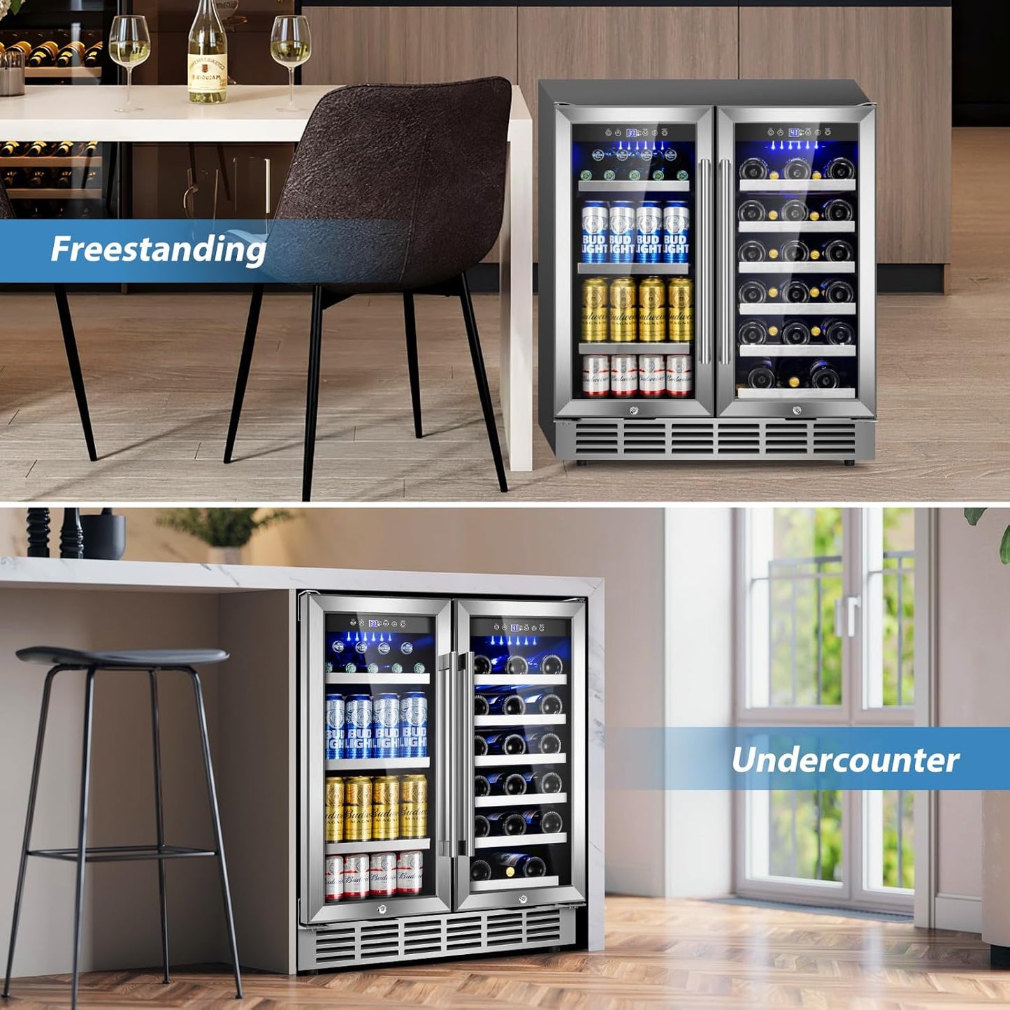 30Inch Wine and Beverage Refrigerator - Dual Zone Beverage Cooler Under Counter, Holds Up to 30 Bottles & 90 Cans Drink and Beer Fridge Built-In for Home Kitchen Bar and Office