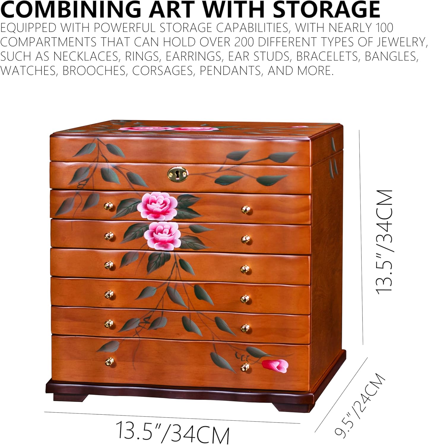 Hand-Painted Wooden Jewelry boxes for women,large jewlrey box&organizers for necklace hanger,jewerly organizer,9-layer large capacity jewelry storage box,jewelry cabinet
